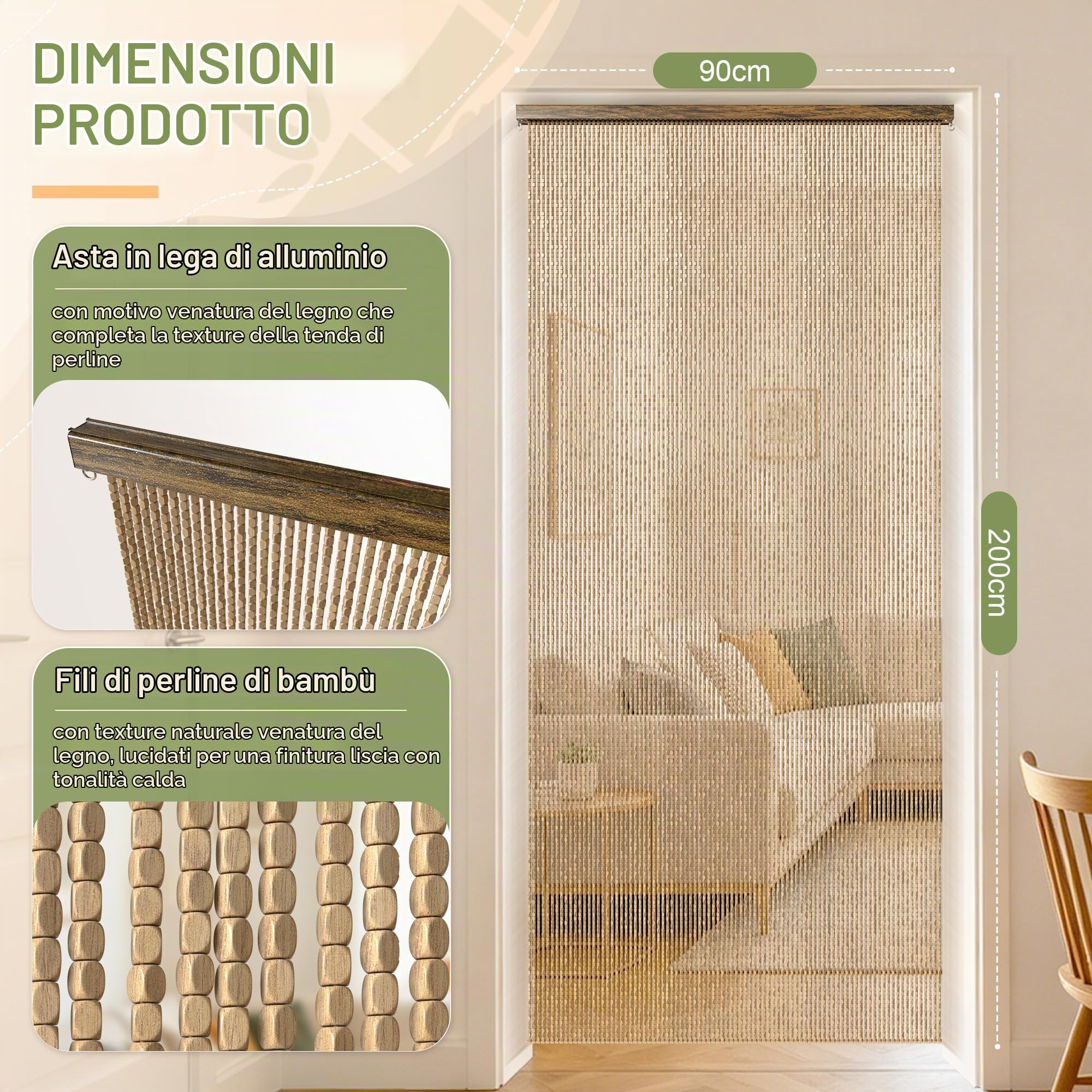 Tenda Perline Legno, Tende Bambu per Porta a 90 Fili per Interno | Decorativa Tendina Interni Divisorio per Soggiorno Camera da Letto Caffè Ristorante (Beige, 90x200cm, 90S)