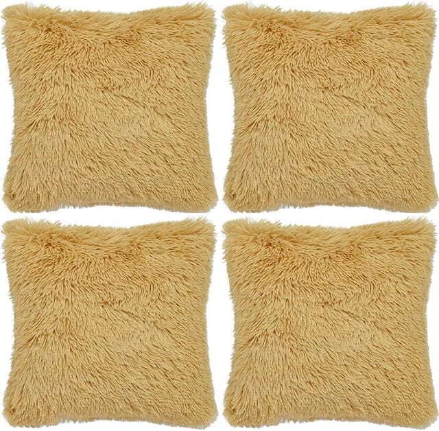 Adore 4 x Long Pile Soft & Cuddly Shaggy 17x17 (43x43cm) Faux Fur Cushion Cover, Ochre