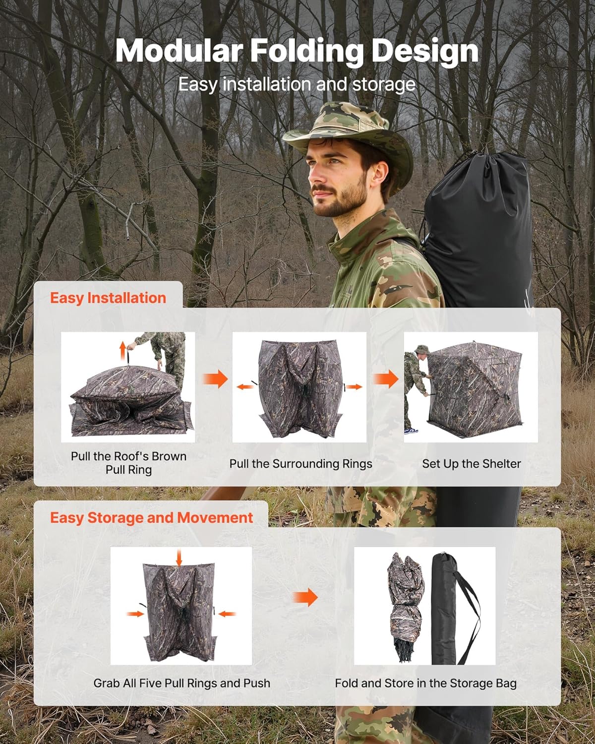 VEVOR Hunting Blind,See Through Ground Blinds with Carrying Bag, 360 Degree Portable Camouflage Tent,Durable Concealed Shelter with Silent Side Door and Window, for Turkey and Deer - Image 6
