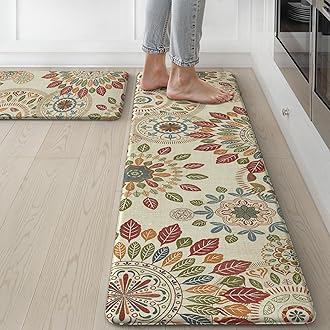 GENIMO Kitchen Mats for Floor 2PCS, Cushioned Kitchen Rugs Non Slip Washable, Farmhouse Anti Fatigue Mat Waterproof, Comfort Standing Mat Rug for Office, Home, Laundry, 17.3"x59"+17.3"x30", Beige&Red