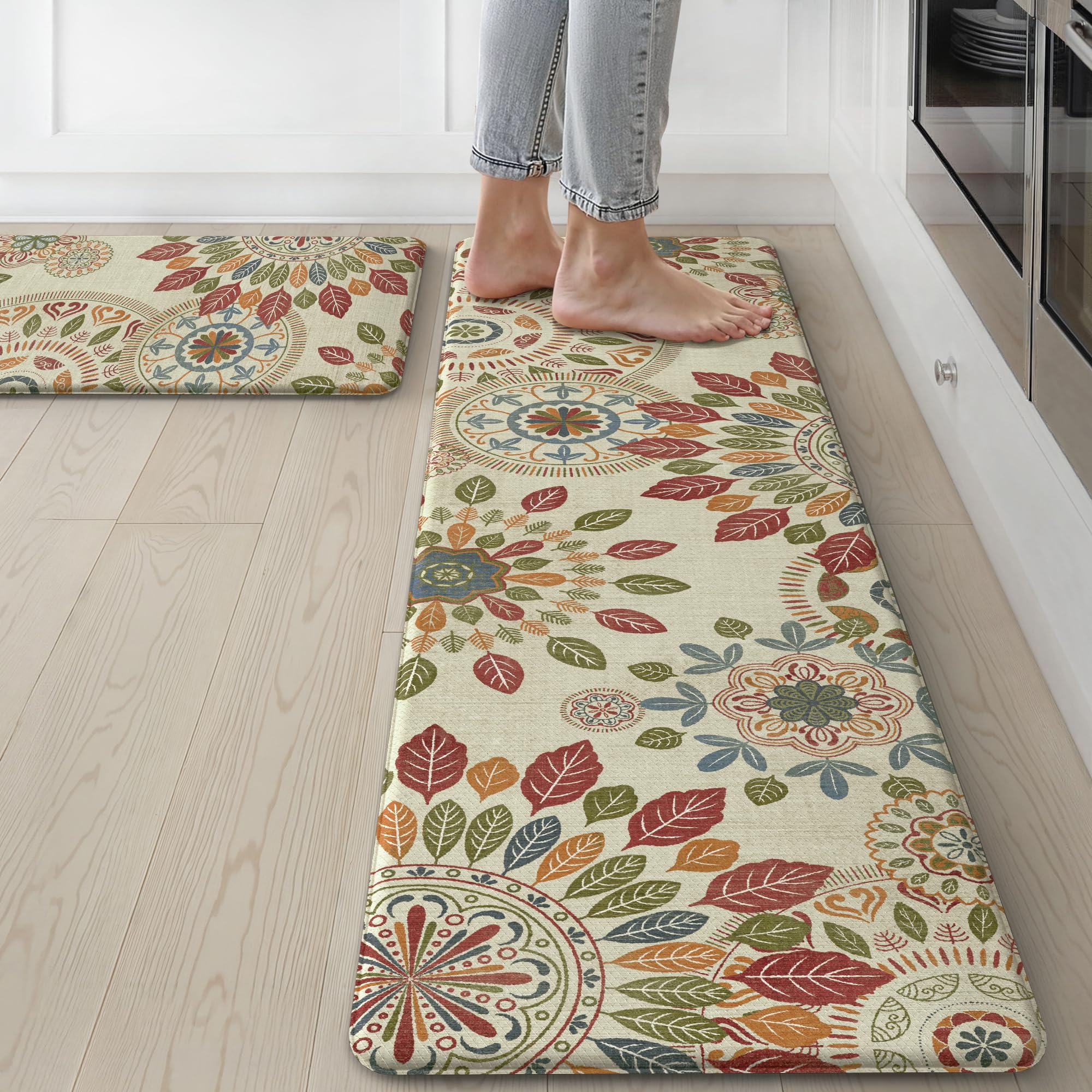 GENIMO Kitchen Mats for Floor 2PCS, Cushioned Kitchen Rugs Non Slip Washable, Farmhouse Anti Fatigue Mat Waterproof, Comfort Standing Mat Rug for Office, Home, Laundry, 17.3"x59"+17.3"x30", Beige&Red