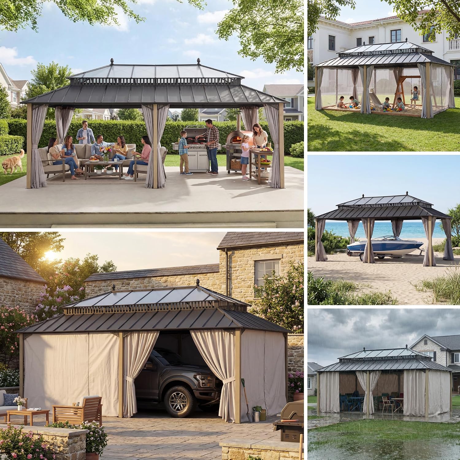 SUNJOY Kingston 20' x 12' Hardtop Wood Gazebo with Galvanized Steel/Polycarbonate Double Roof, Curtain and Netting, Cedar Posts Permanent Pavilion Gazebo for Garden, Patio, Deck, Lawn