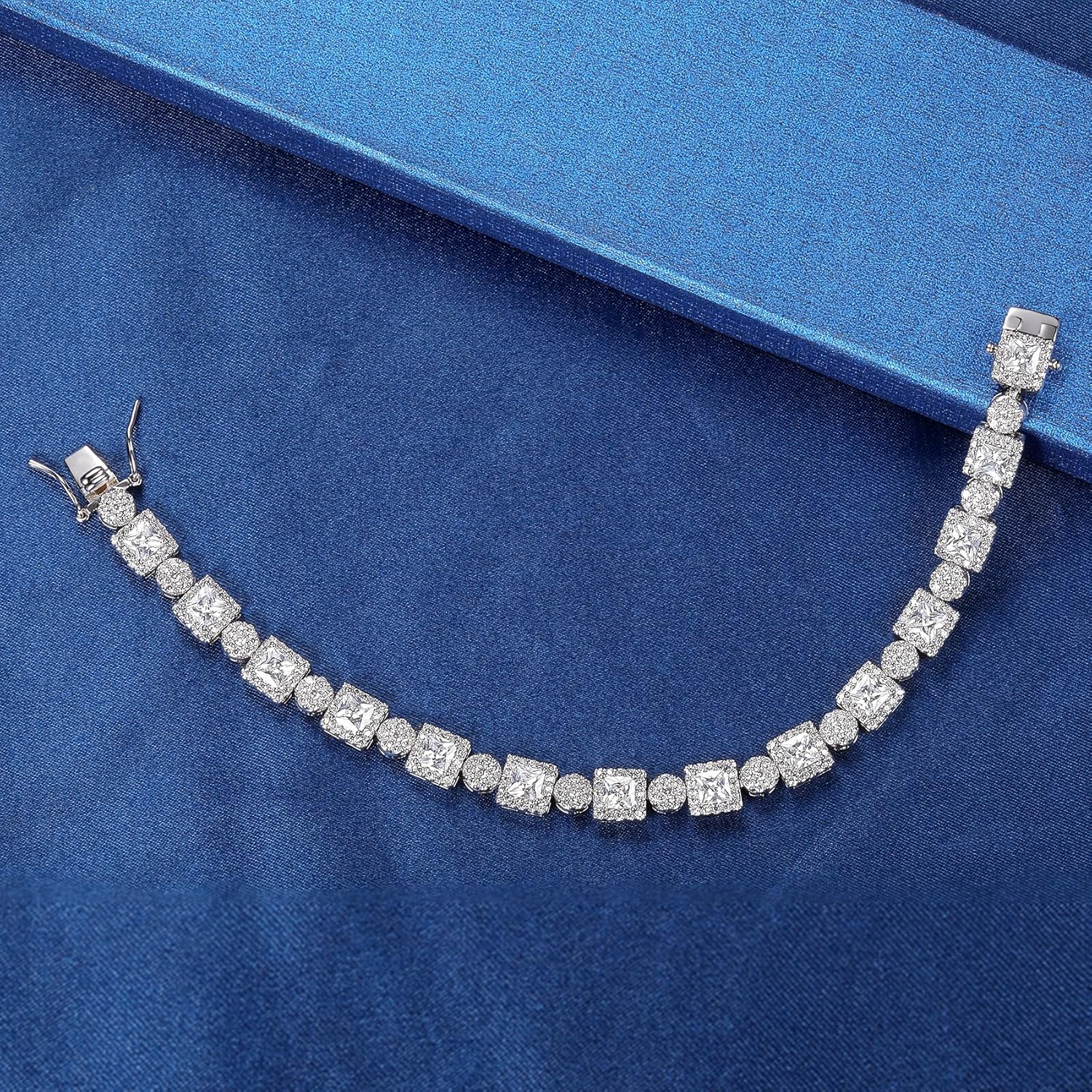 MDFUN 18K White Gold Halo Tennis Bracelet for Women Round and Square Cubic Zirconias, Size 6 inches - Image 5