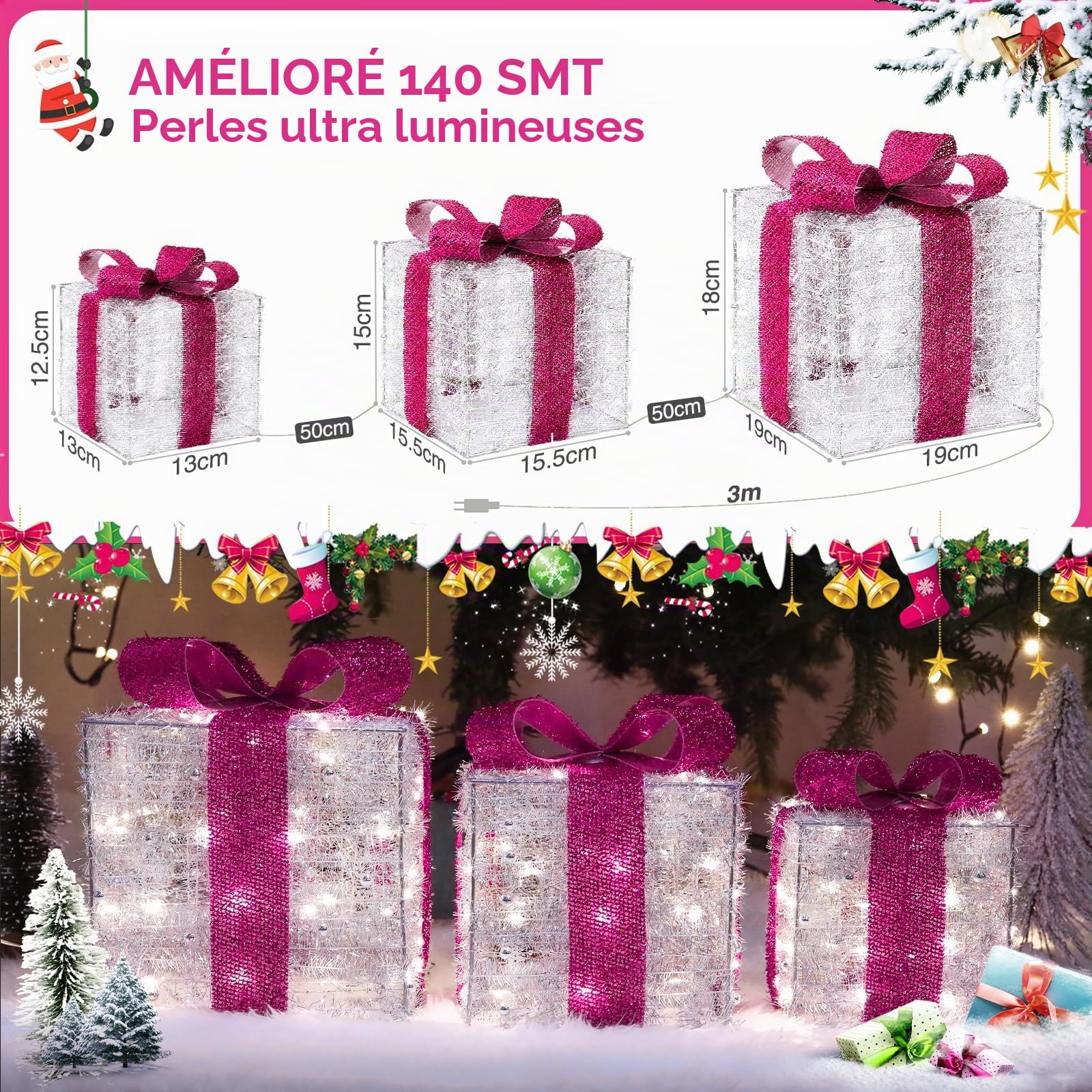 Quntis Cadeau Lumineux Noël 140 LEDs, 3Pcs Boîtes cadeaux Lumineuses avec Nœuds Rose, Coffret Cadeau Décoration Noël avec Guirlande Lumineuse Blanc Chaud, Déco Noël Intérieur pour Maison Arbre de Noël