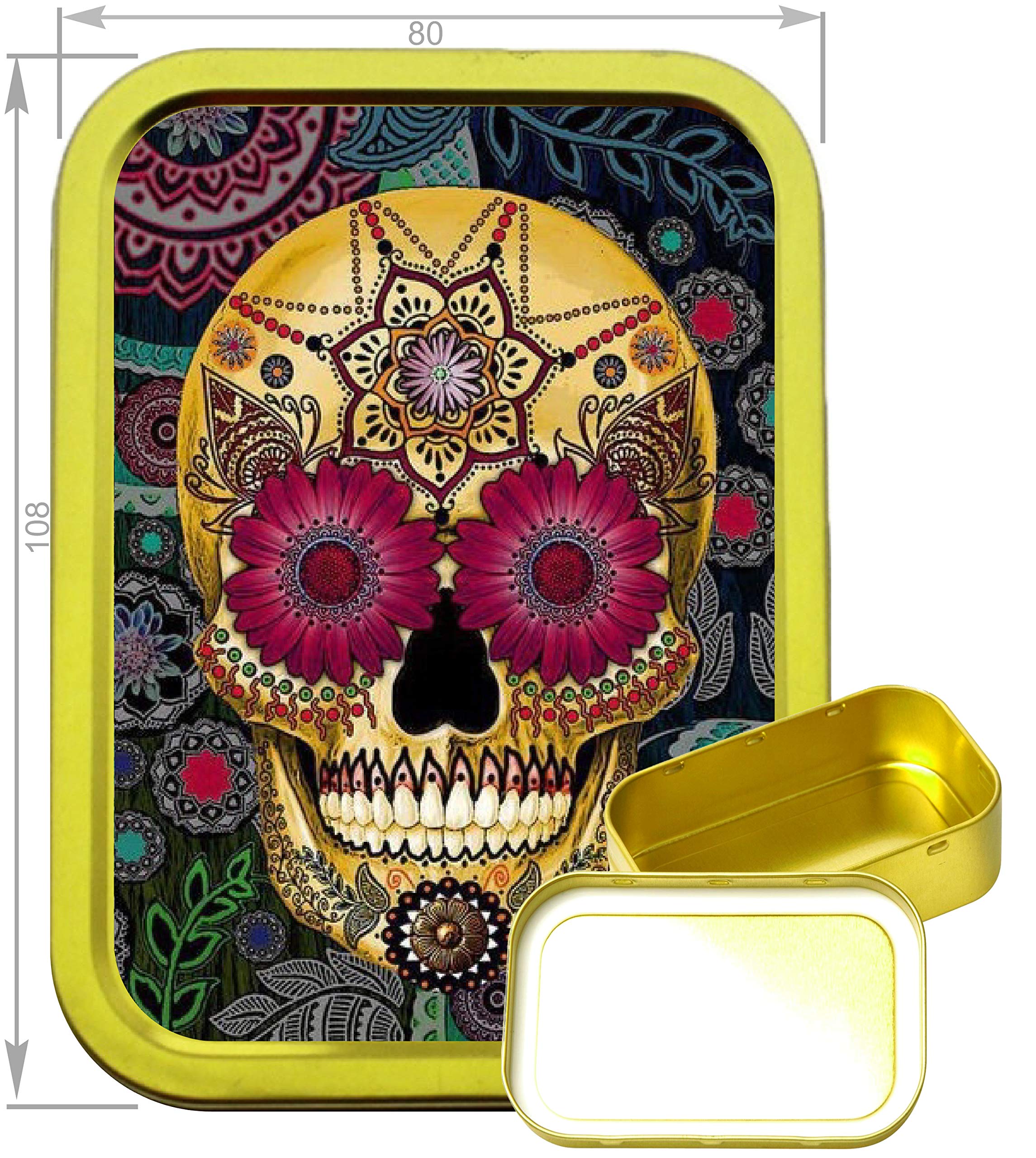 Teez Yellow,Gold Yellow Candy Skull 2Oz Gold Tobacco Tin, Gold 2Oz Tobacco Tin, Airtight Tobacco Tin