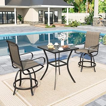 Sophia & William 3-Piece Counter Height Patio Table and Chairs | 2 x Breathable Textilene Outdoor Swivel Bar Stools, 1 x Square Metal High Top Table with Umbrella Hole, 31L x 31W x 36H