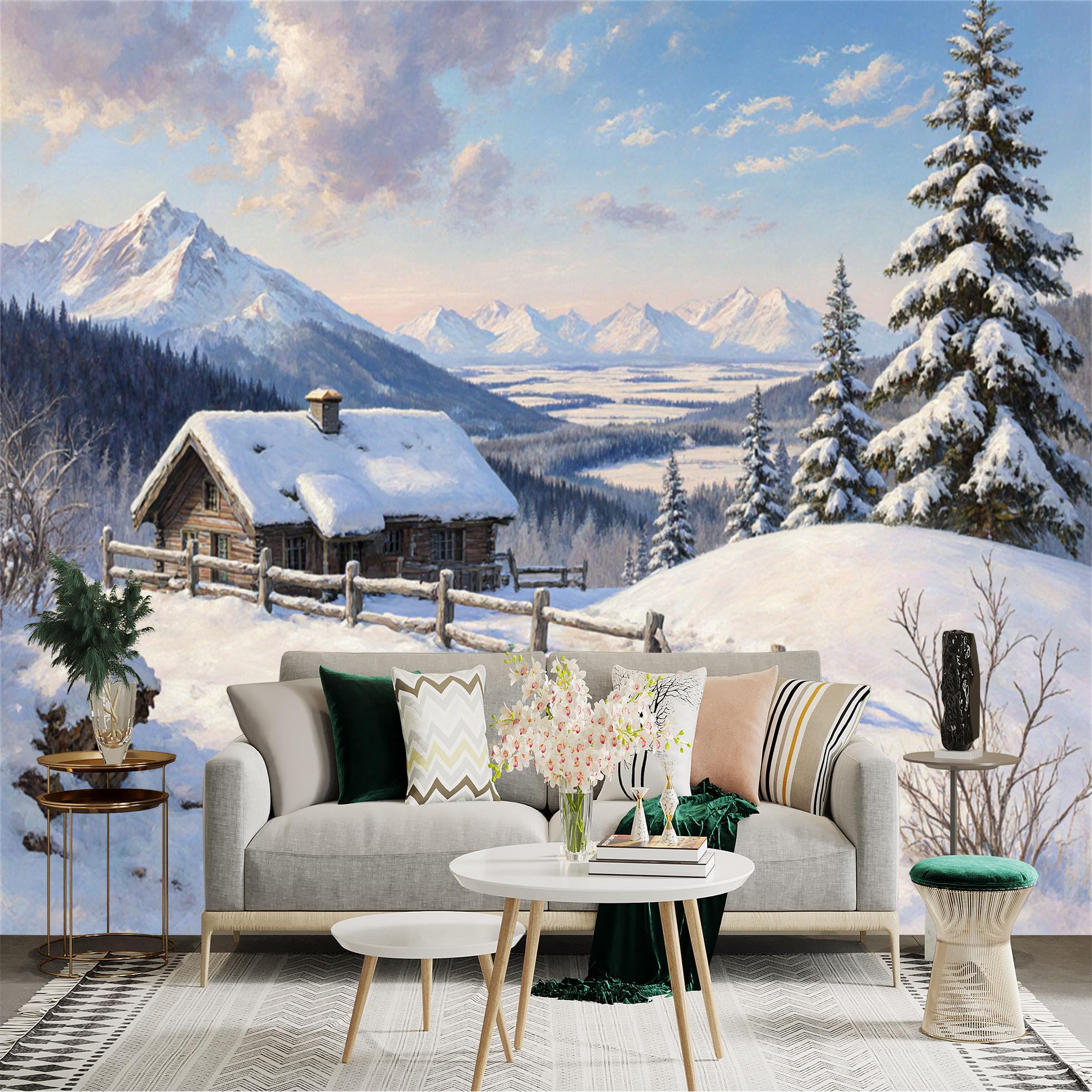 Lnzczhyre Xc260505214 Custom Size Wall Sticker Mural， Snowy Mountain Cabin， Winter Landscape With Pine Trees， Frozen Valley Scenery， For Wall Decoration， Peelandstick Wall Decals.