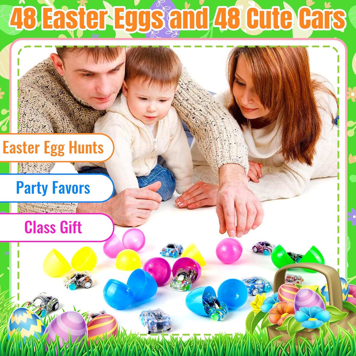 48 Pack Prefilled Easter Eggs Filled with Pull Back Cars, Easter Eggs with Toys Inside, Easter Hunt Basket Stuffers Easter Theme Party Favors Classroom Prizes Gift for Kids Toddlers Girls Boys