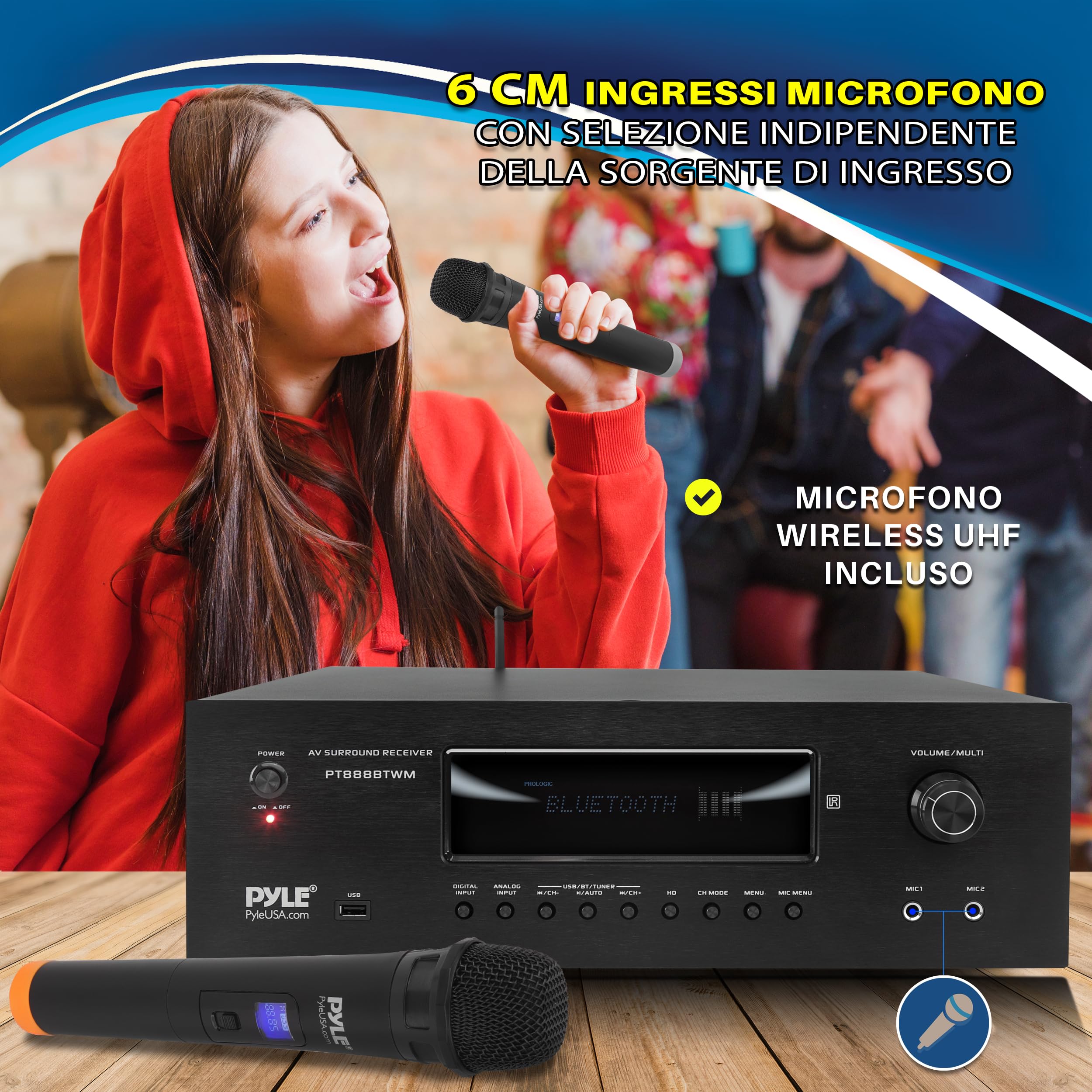 Pyle Amplificatore Audio Karaoke Bluetooth 1000 Watt per Home Theater, Ricevitore Stereo 5.2-Ch con 2 Microfoni UHF, MP3/USB/HDMI/AM/FM, Nero