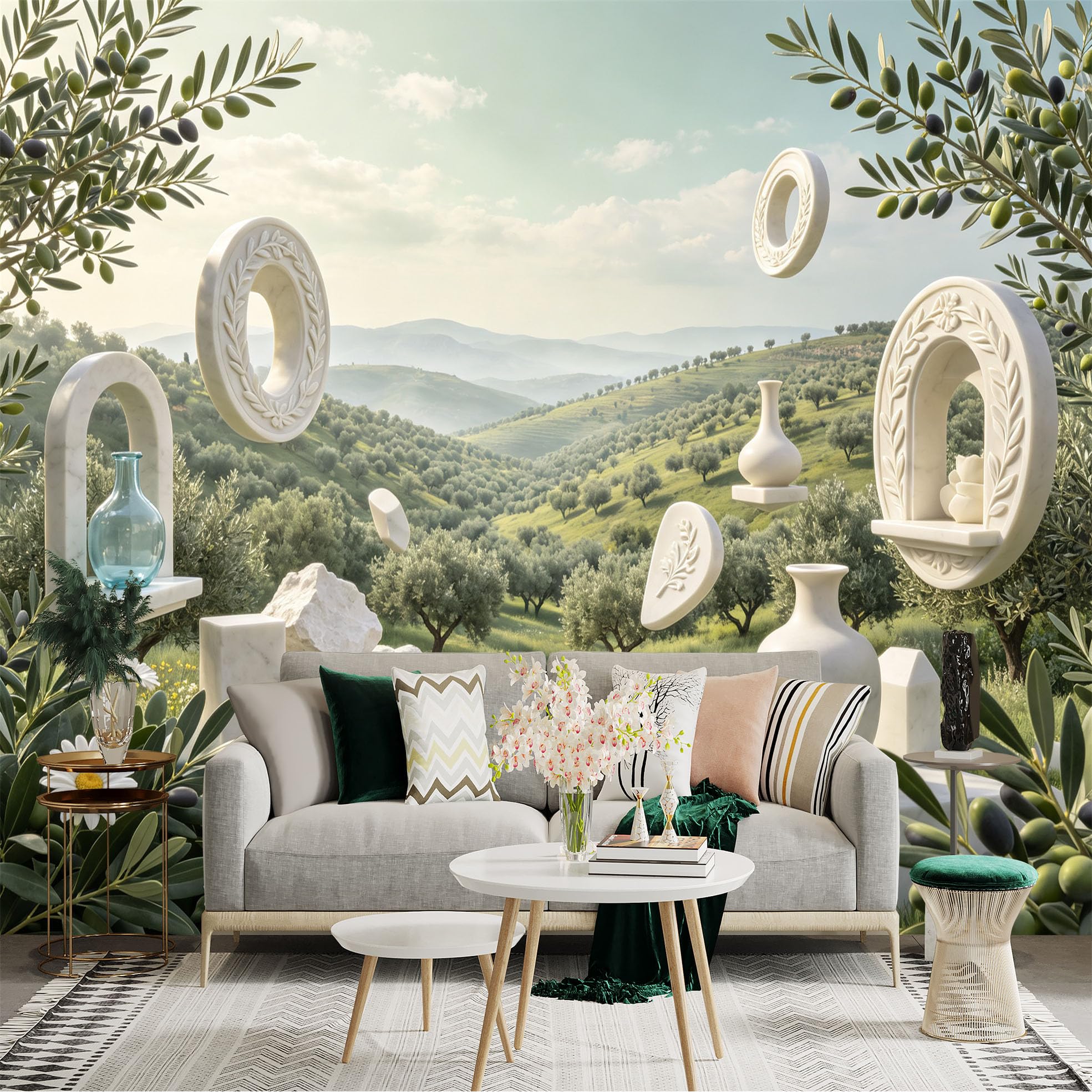 Lnzczhyre Bh260719592 Custom Size Wall Sticker Mural， Mediterranean Landscape With Marble Sculptures， Floating Vases And Olive Trees， For Wall Decoration， Peelandstick Wall Decals.