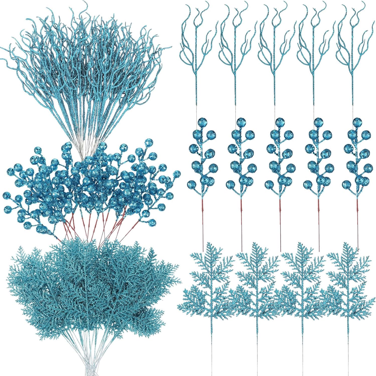 75 Pcs Halloween Glitter Branches 3 Styles Artificial Christmas Picks Berries Stems Pine Needles Floral Twig Spray for Xmas Tree Ornaments DIY Wreath Garland(Light Blue)