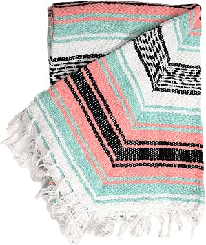 Open Road Goods Multi Color Mexican Falsa Blanket - Handwoven in Mexico - Great for The Beach, Picnics, Yoga, or a Throw! Mint/Peach