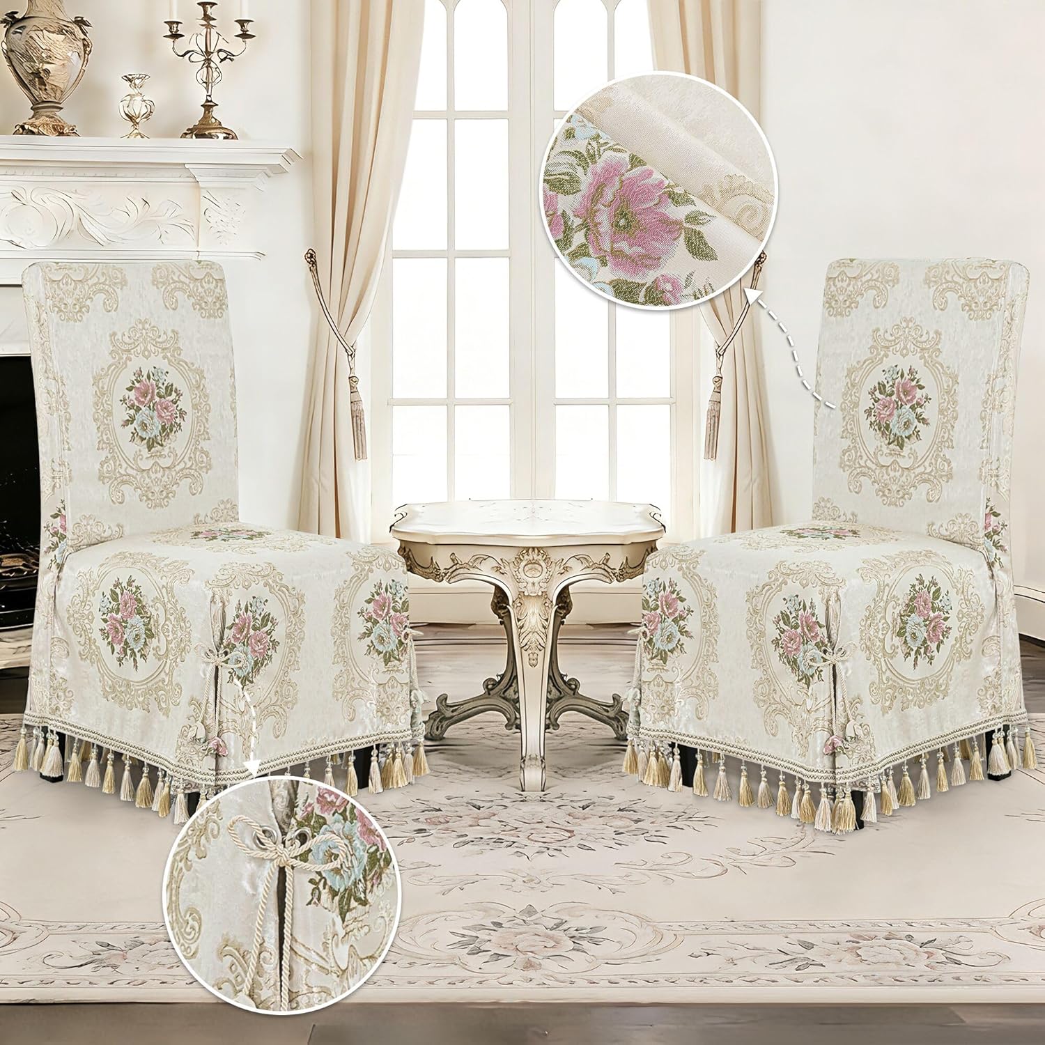 Loom and Mill 1 Piece Elegant Dining Chair Cover, Damask Floral Jacquard Dining Room Parsons Chair Covers with Tassels & Ties, Non Slip Full Cover Furniture Protector for Banquet Party(Pearly Beige)