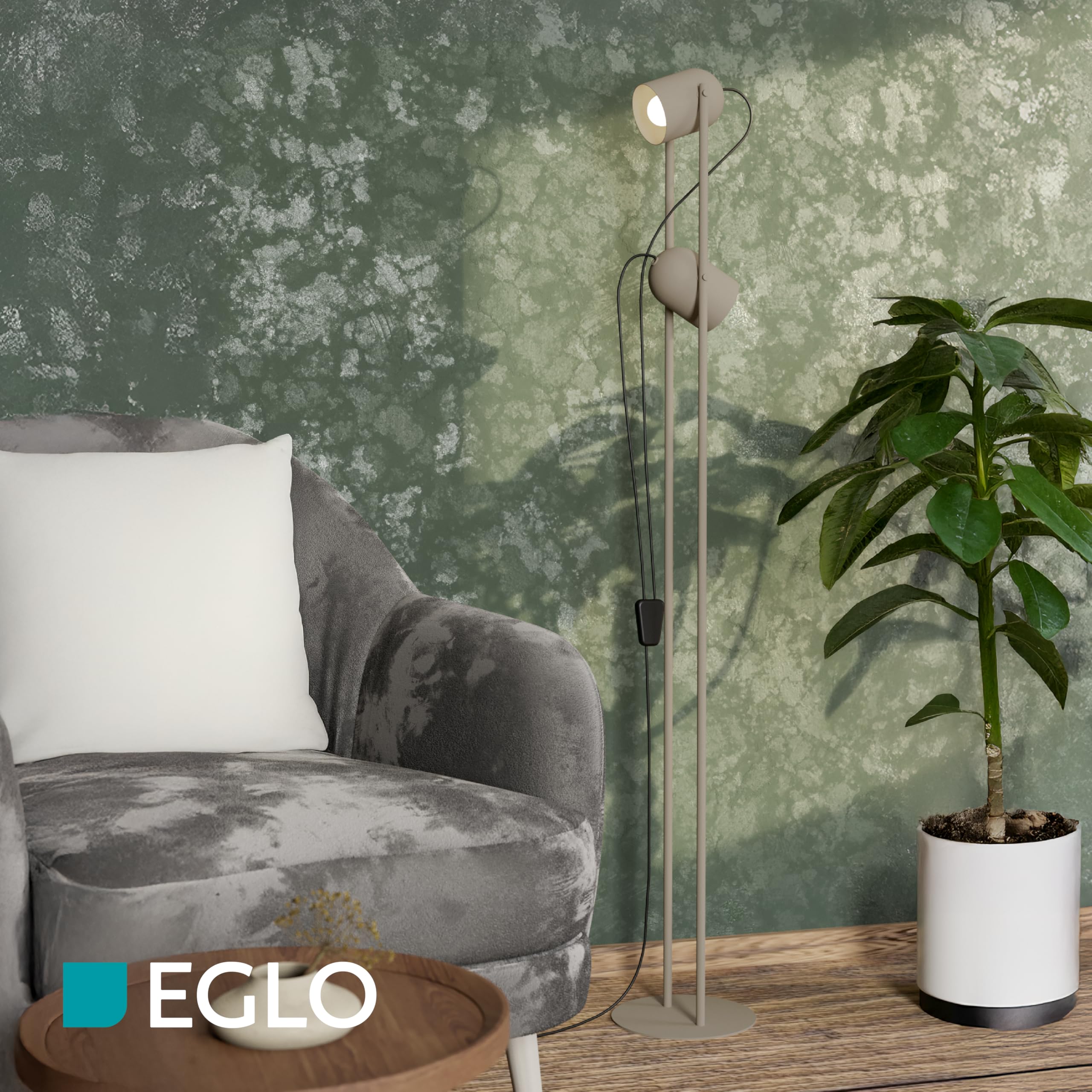 Eglo Tilston Lámpara de pie con 2 focos orientables, para salón | iluminación de lectura, fabricada en acero de color arena, con casquillo E14 y un tamaño de 142,5 cm