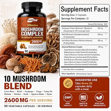 NutriFlair 10 Mushroom Complex Supplement 2600mg, 90 Capsules | Made in USA