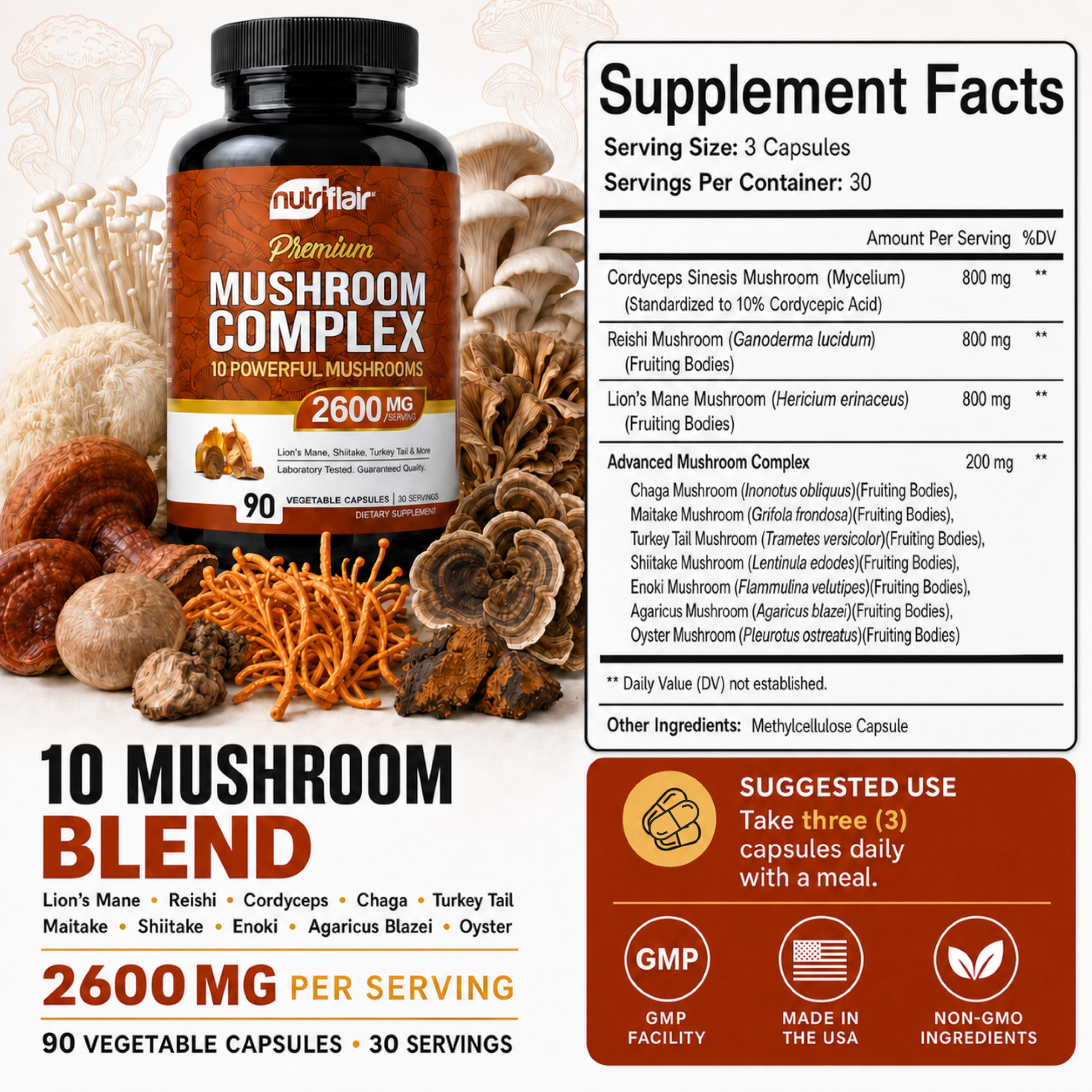 NutriFlair 10 Mushroom Complex Supplement 2600mg, 90 Capsules | Made in USA — Amazon image 2