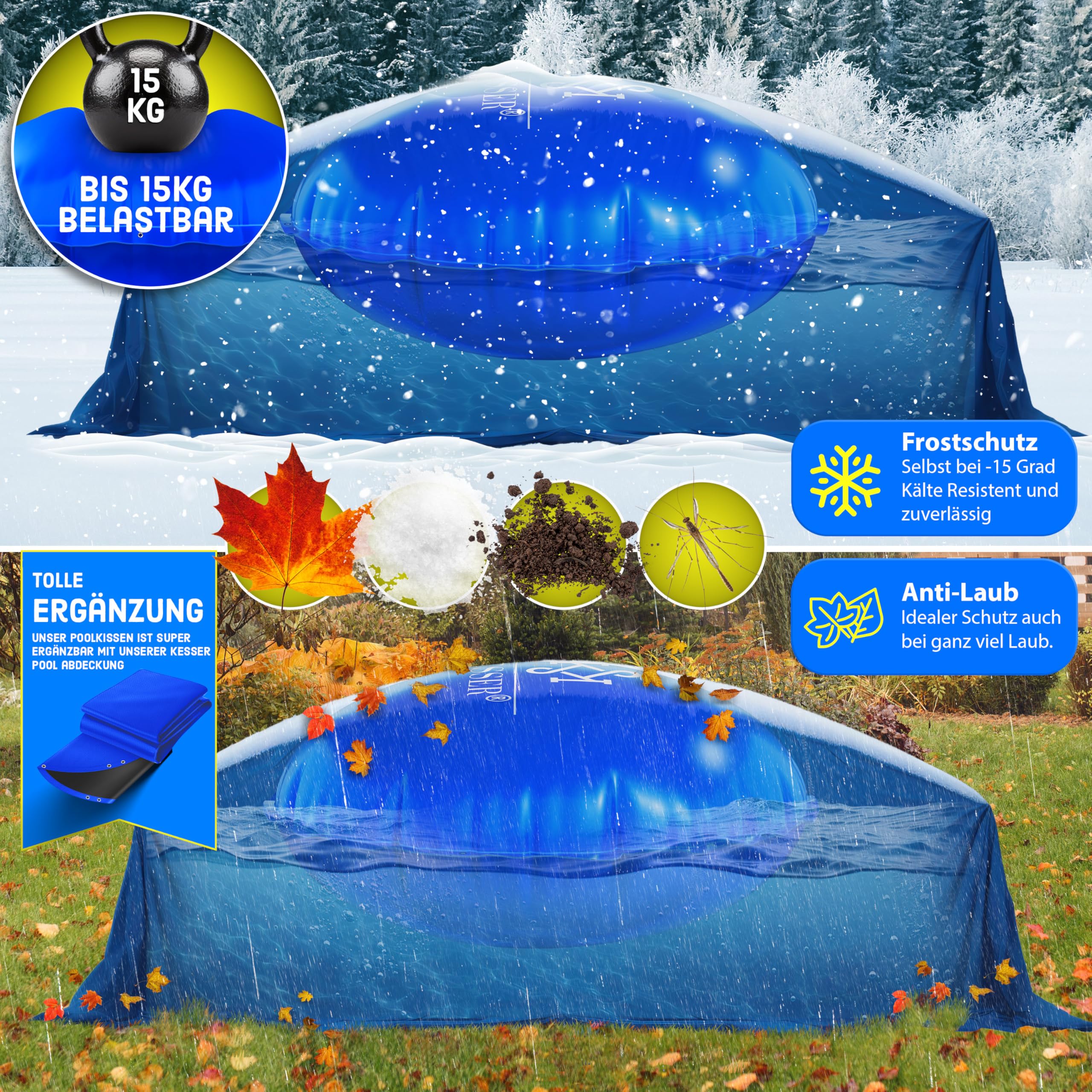 KESSER® Cojín de piscina de invierno de 400 cm | cubierta de piscina con doble costura Whirlpools | cojín de aire para piscina invernal | cubierta para piscinas empotradas de invierno | PVC