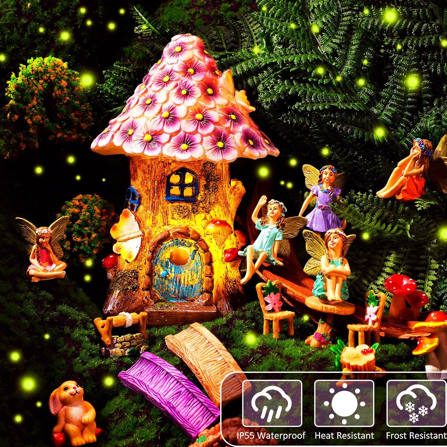 Poen 8'' Solar Light up Fairy House Garden 6-8 Fairy Figures Garden Accessories Kit Animals Doll House Decor Outdoor Micro Landscape Ornaments(Purple)