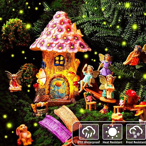 Miniatura 2 de Poen Casa de hadas solar de 8 pulgadas, accesorios de jardín en miniatura, casa de hadas iluminada, 6-8 figuras de hadas, kit de jardín, animales de