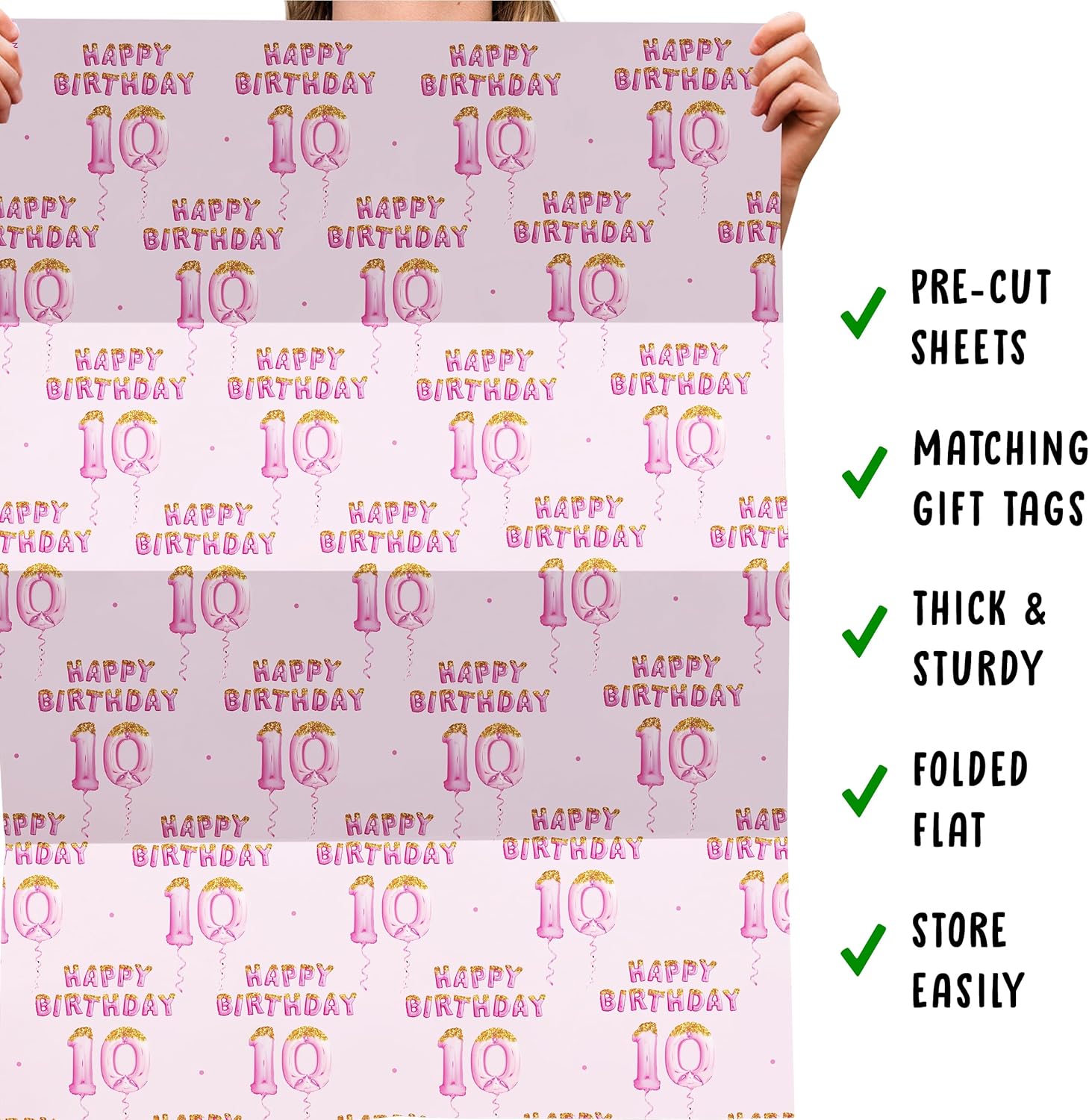 CENTRAL 23 Happy Birthday Wrapping Paper - 10 Year Old - 6 Sheets Pink Wrapping Paper - Girls Birthday Wrapping Paper - 10th Birthday - Comes With Stickers - Recyclable - Image 5