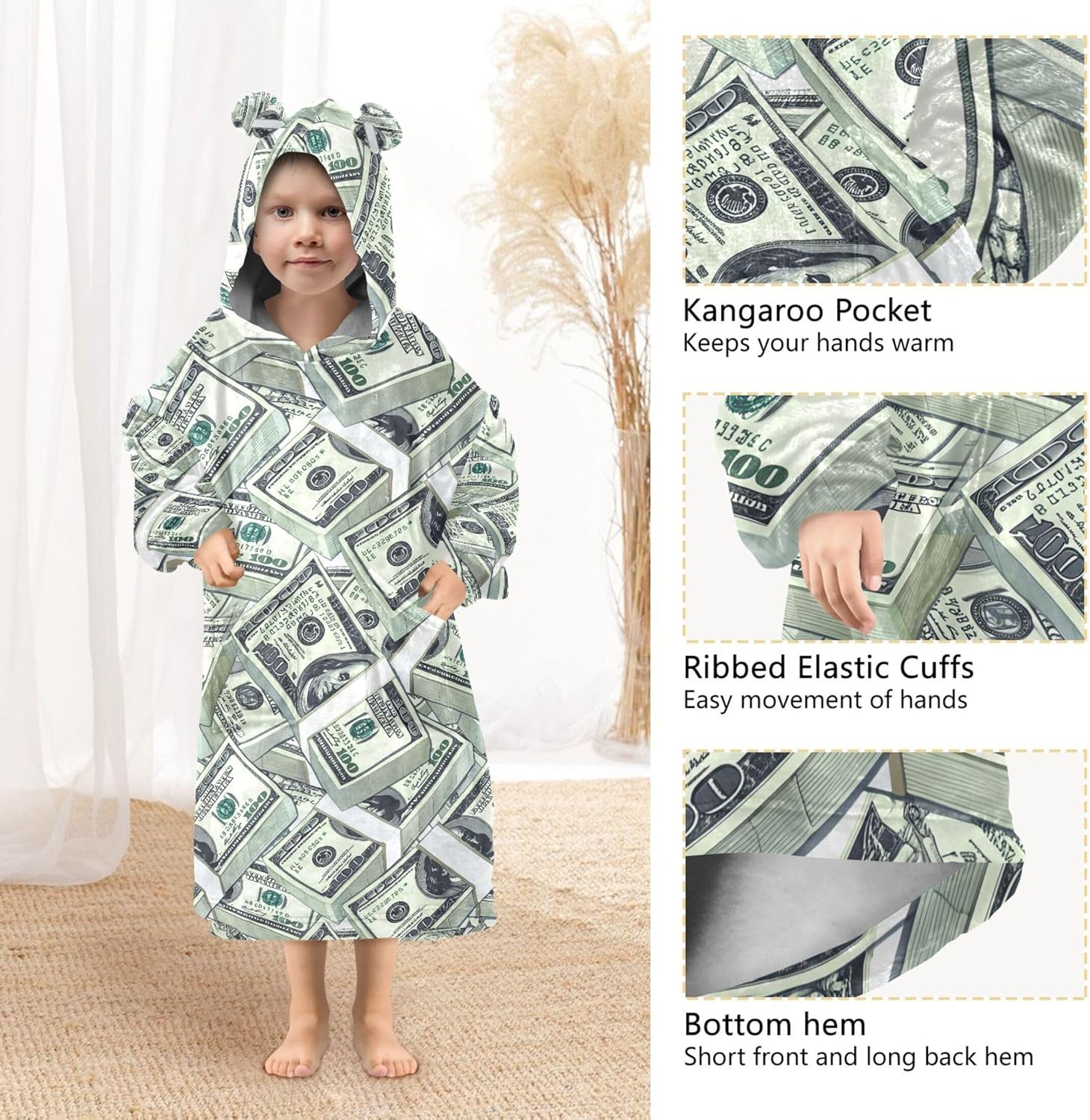 Paper Money Hundred Dollar Bills Kids Wearable Blanket Hoodie with Pocket and Sleeves for Toddlers Cute Hoodies Girls