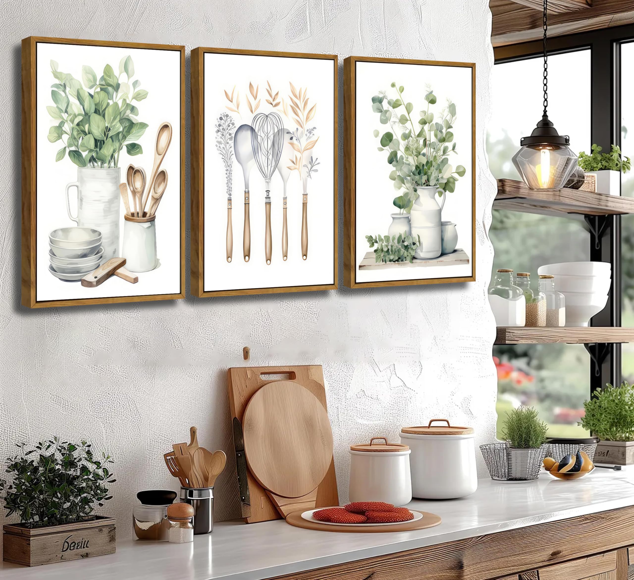 YFvrPt Sage Green Kitchen Wall Art Set Of 3, Eucalyptus Leaves Plant Dining Room Painting Wall Decor, Boho Botanical Canvas Poster Print Farmhouse Pictures For Home Decoration Framed 12\"x16