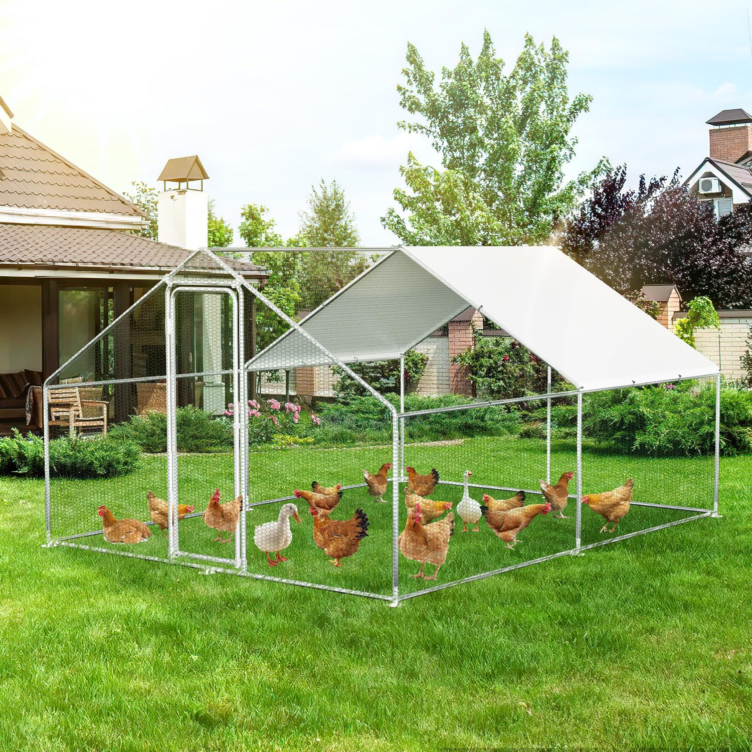 Gallinero de 3 x 4 x 2 m, de acero galvanizado, para gallineros, con techo y puerta para mascotas, jaula de pollos, jaula para pájaros, animales pequeños y plantas