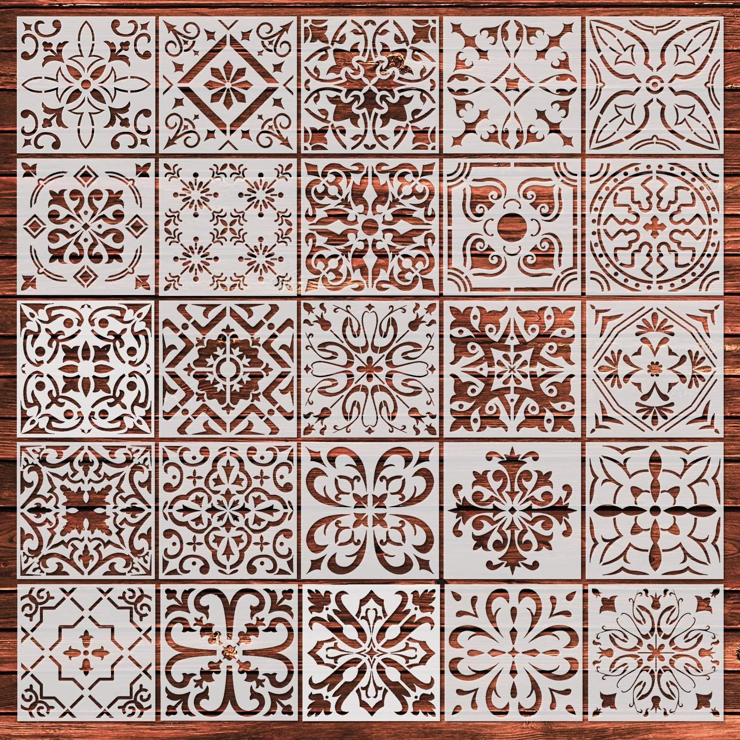 25-Pack (6x6 Inch) Painting Stencils for Floor Wall Tile Fabric Wood Burning Art&Craft Supplies Mandala Template-reuseable
