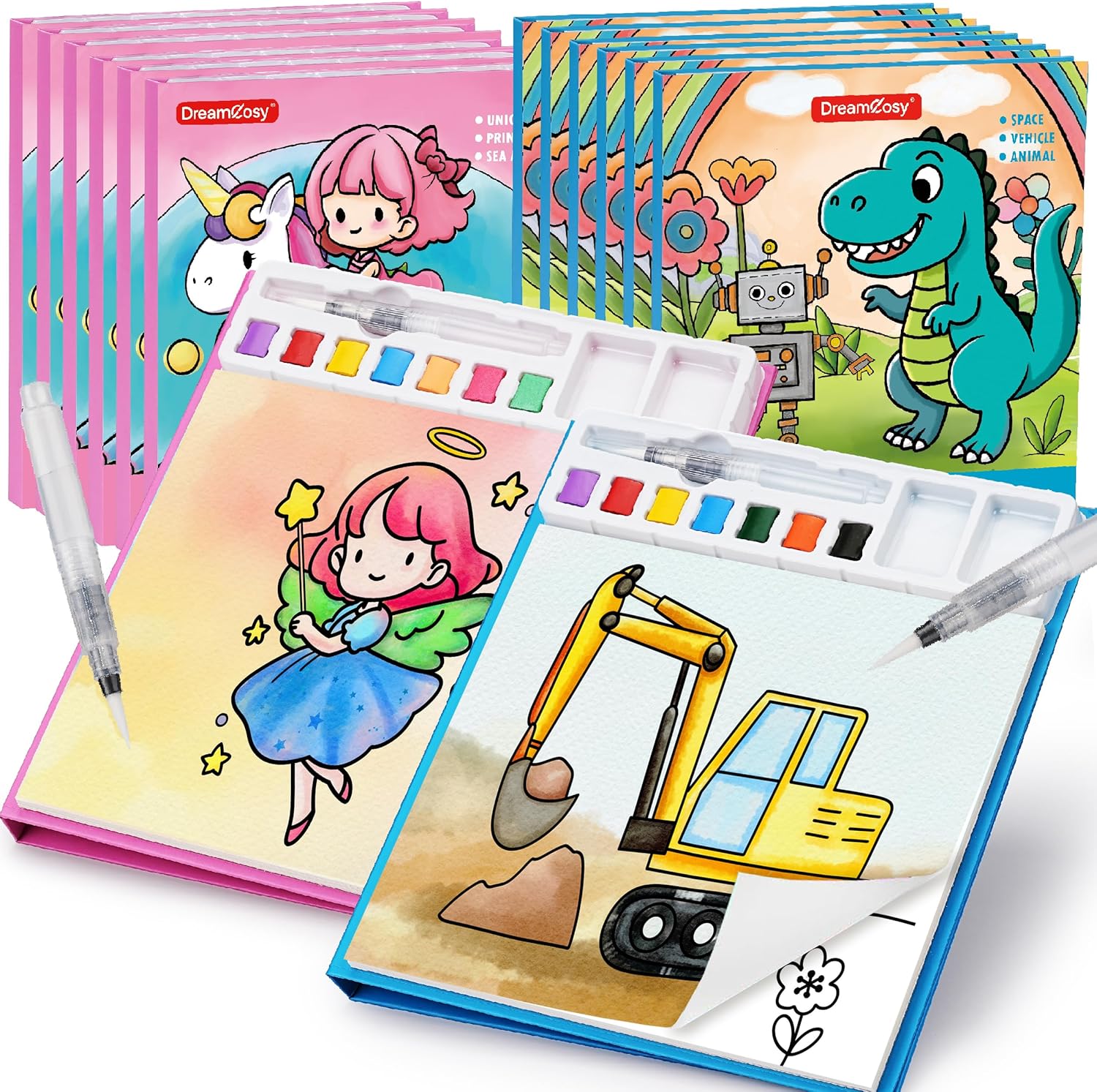 DreamCosy 12 Pack Paint with Water Coloring Books for Toddles, Water Painting Kit with Brush & Pages, Mess-Free Arts Crafts, Drawing Activities, Toy Gift for Boys Girls Preschool & Homeschool