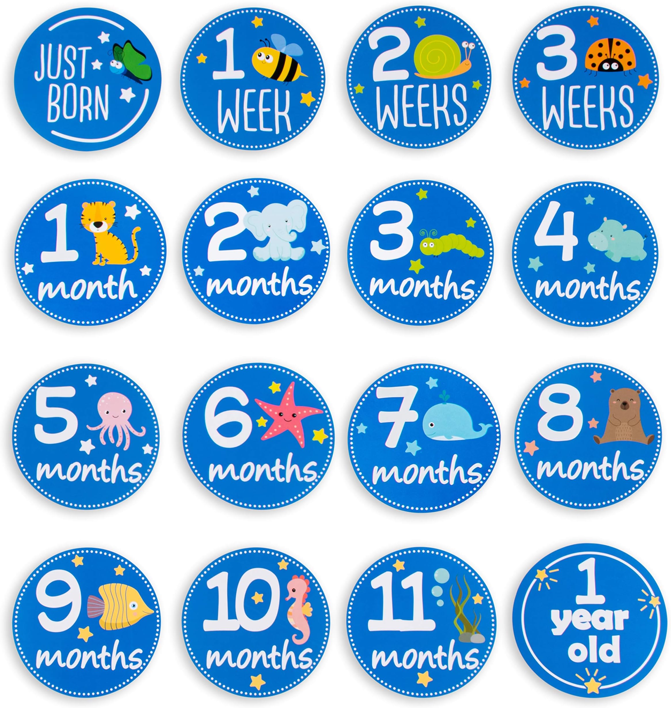Baby Monthly Milestone Stickers for Boys | (Set of 50) | Cute Keepsake Box | Pink or Blue | Week, Month, Holiday, Funny, Original Baby Stickers (Blue)