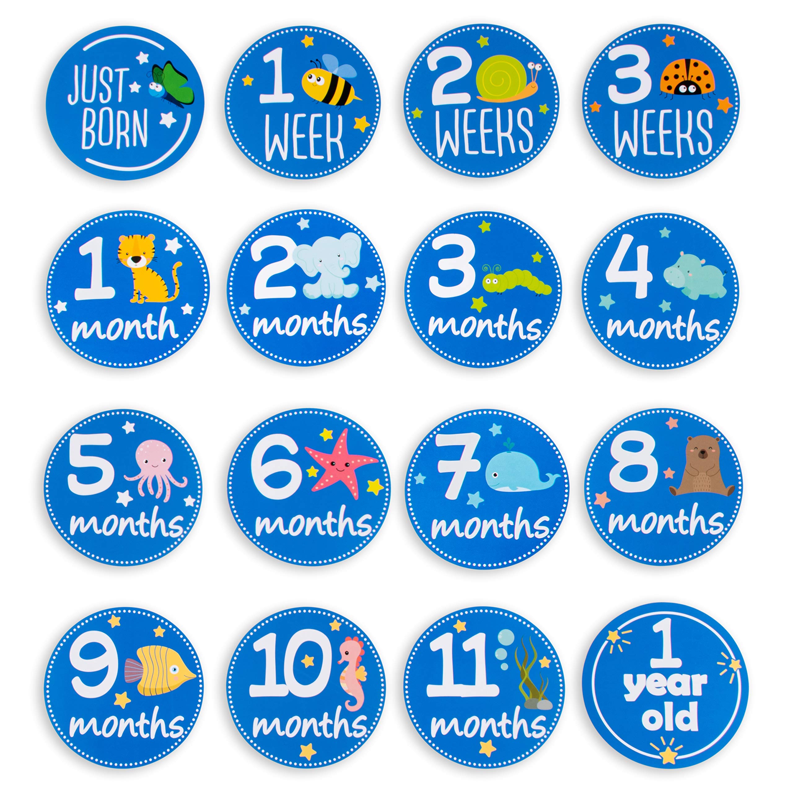 Baby Monthly Milestone Stickers for Boys | (Set of 50) | Cute Keepsake Box | Pink or Blue | Week, Month, Holiday, Funny, Original Baby Stickers (Blue)