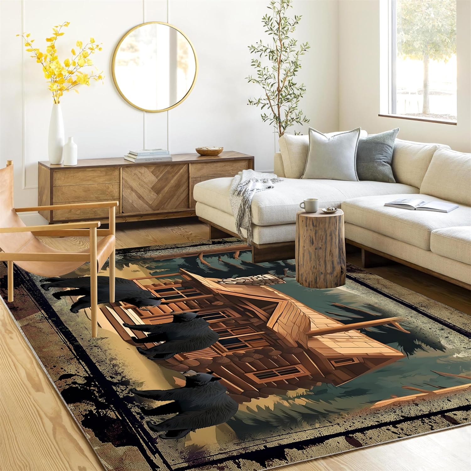 Black Bear Area Rug Vintage Rustic Log Cabin Jungle Pine Background Drip Ink Border Design Children's Crawling Non-Slip Floor Mat for Living Room Dining Room Bedroom Kids Room 2x4ft