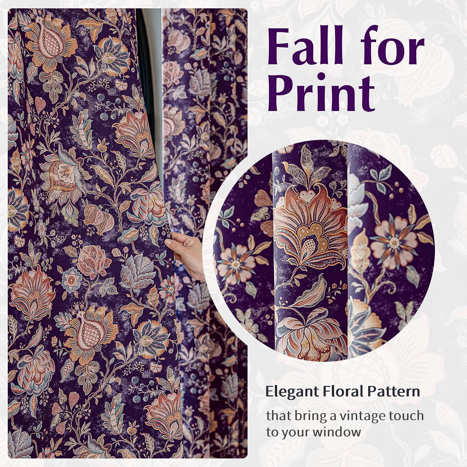 FMFUNCTEX 100% Boho Blackout Floral Curtains for Bedroom, Vintage Flower Patternd Purple Curtains 84 Inch Length for Living Room Darkening Thermal Insulated Grommet Window Farmhose Drapes 2 Panels