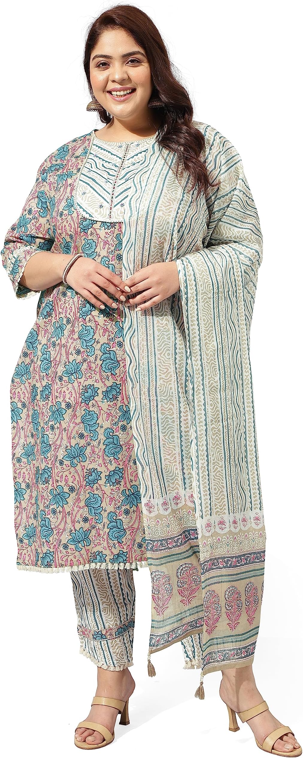 MIRCHI FASHION Plus Size Women's Straight Fit Cotton Printed and Embellished Kurta Set with Dupatta and Trouser