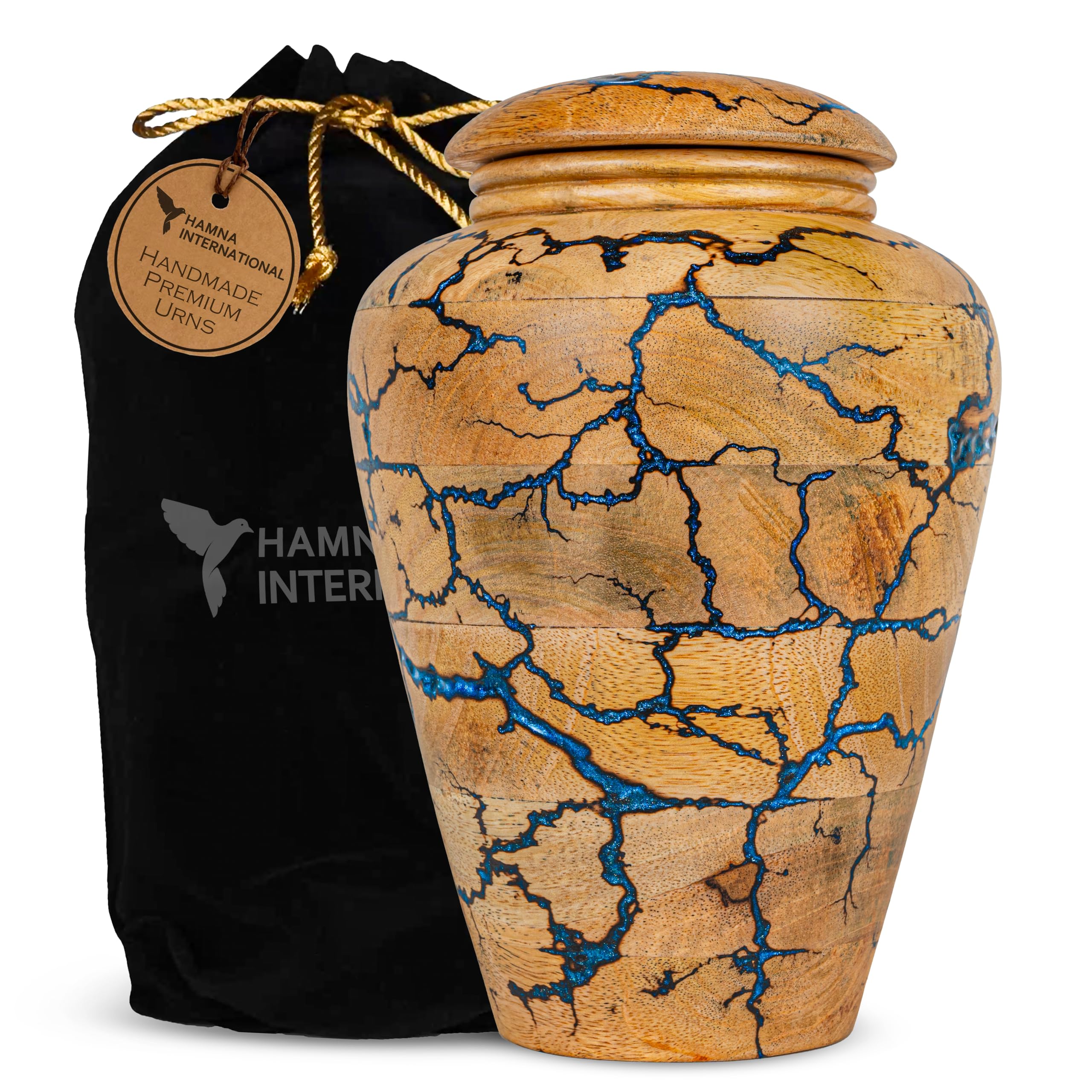 Wooden Cremation Urn for Human Ashes Adult – Premium Handcrafted Funeral Urn Box for Burial, Funeral & Home Memorial | Durable Keepsake Memorial Urn with Blue Resin Accent, 30 cu in