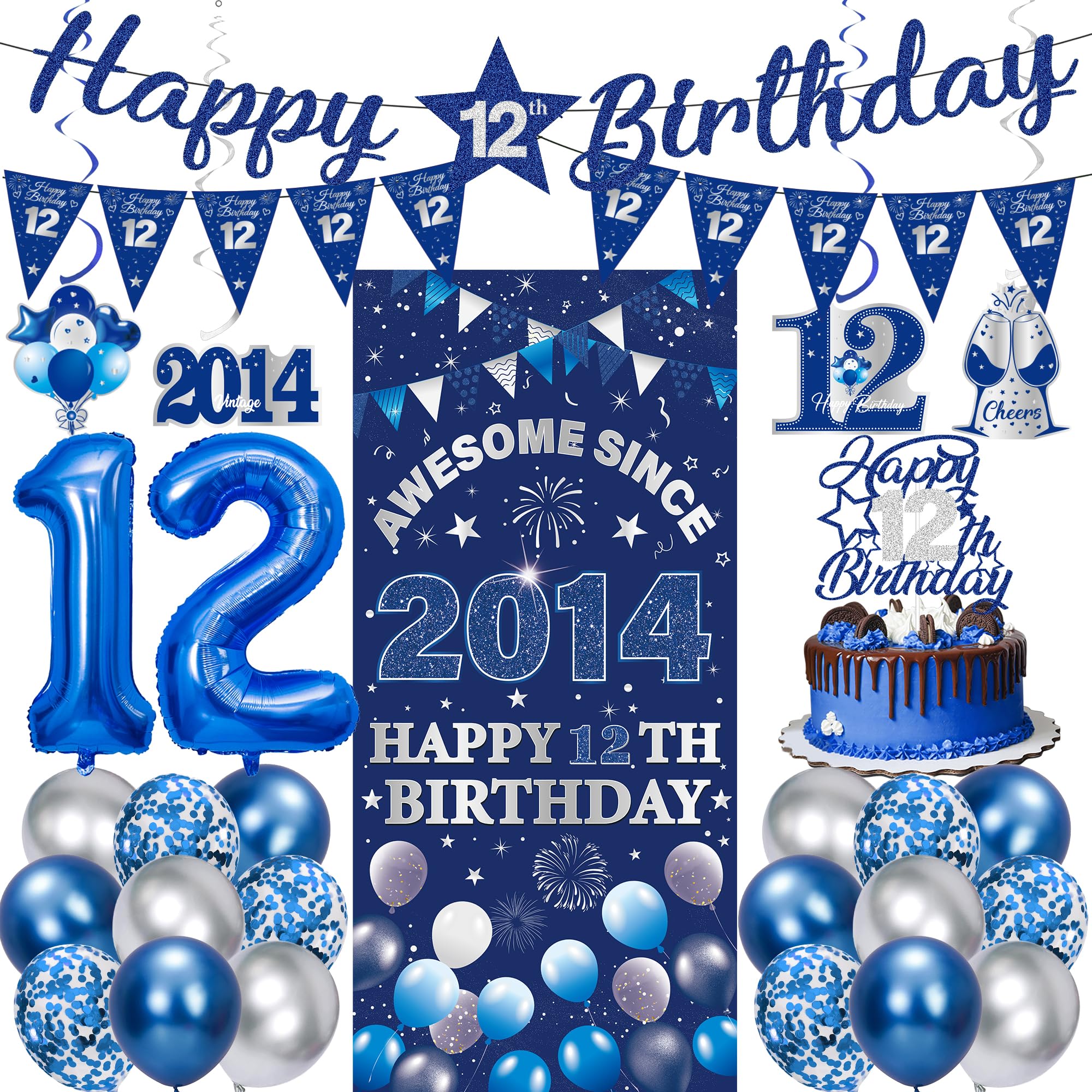 12th Birthday Decorations Boys Girls - 27 Pcs Blue Silver Happy 12th Birthday Banner Triangular Flag Hanging Swirls Backdrop Cake Topper 12 Balloon Set for 12 Years Old Party Decoration Supplies
