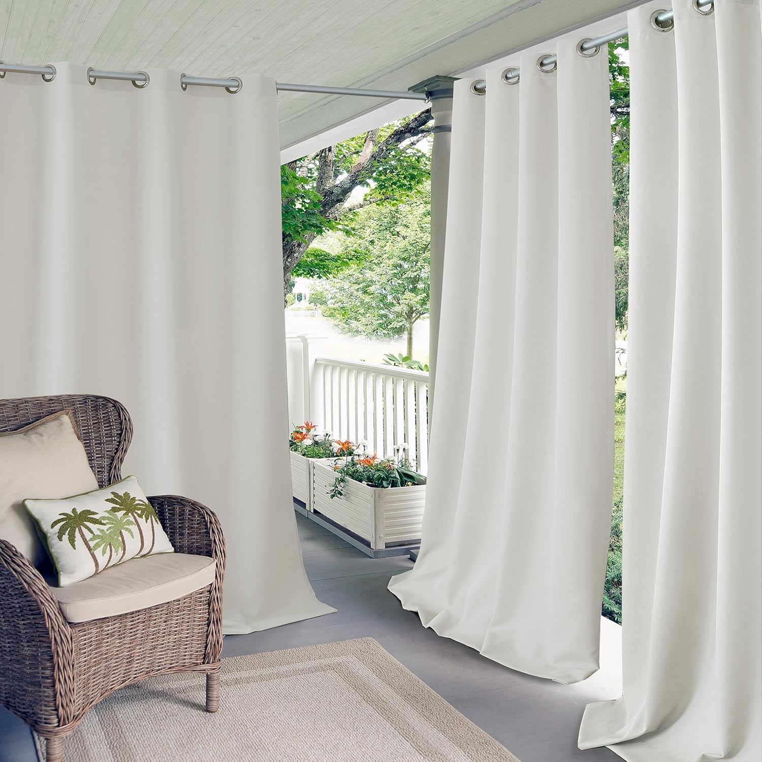 Elrene Home Fashions Connor Weatherproof Grommet Top Indoor/Outdoor Solid Color Curtain Panel for Porch, Pergola, Patio, Deck, 52”W x 108”L, White