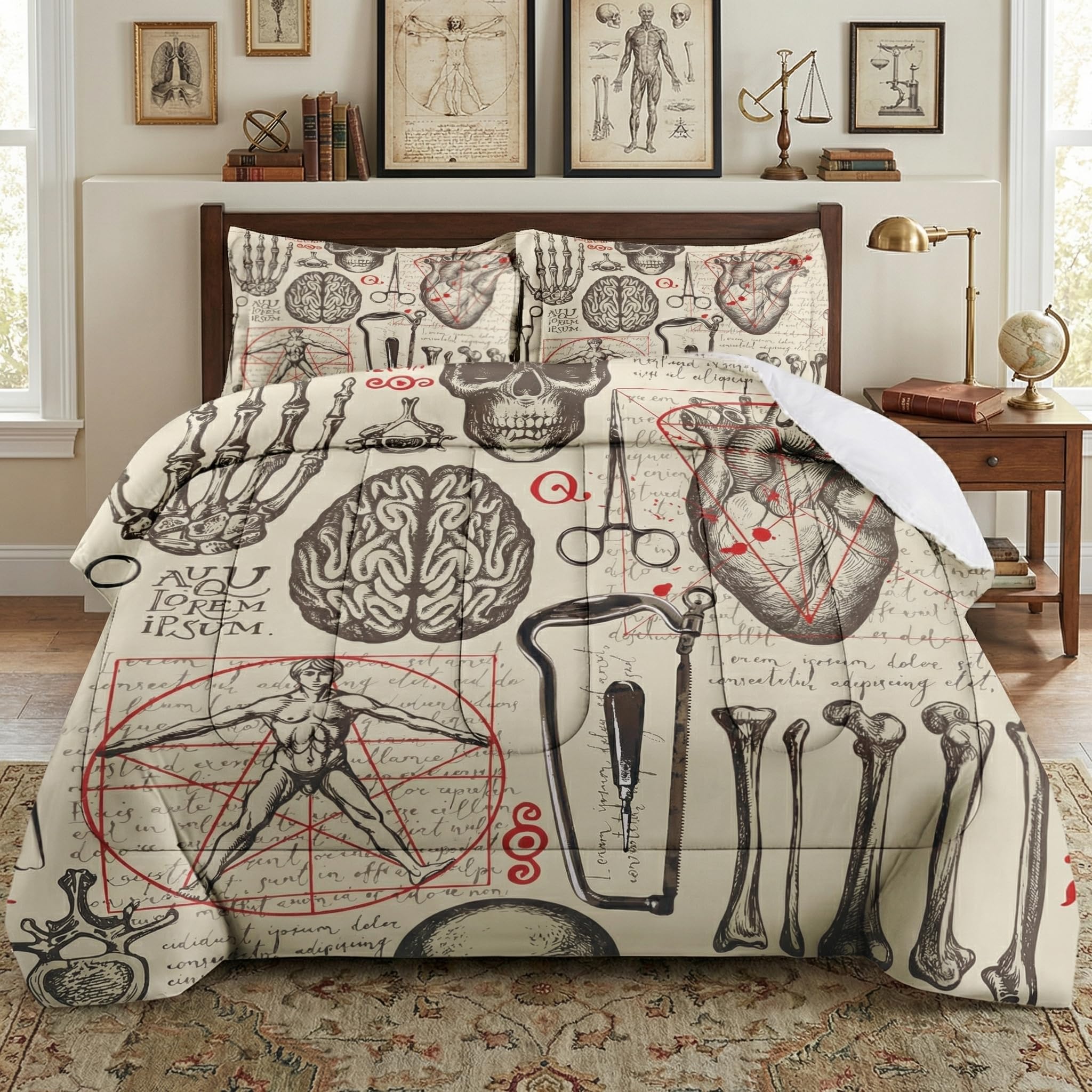 WeCozy Full Size Comforter Set with 2 Pillowcases, Vintage Science Anatomy Soft 3 Pcs Bedding for Kids and Adults Bedroom Bed Decor
