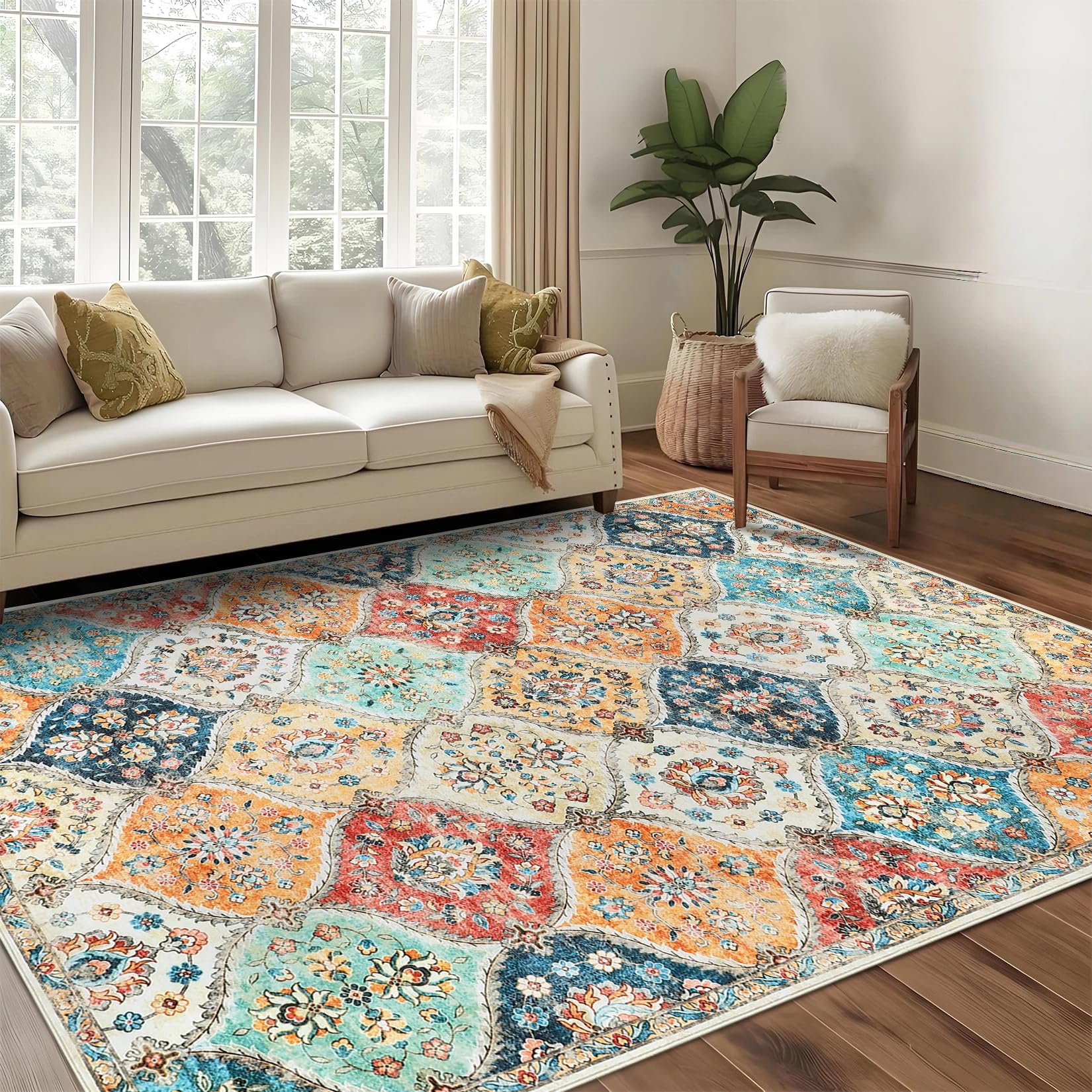 Grand tapis vintage lavable - 160 x 230 cm - Grand tapis oriental - Antidérapant - Imprimé floral - Pliable - Pour cuisine, chambre à coucher, salon - Orange