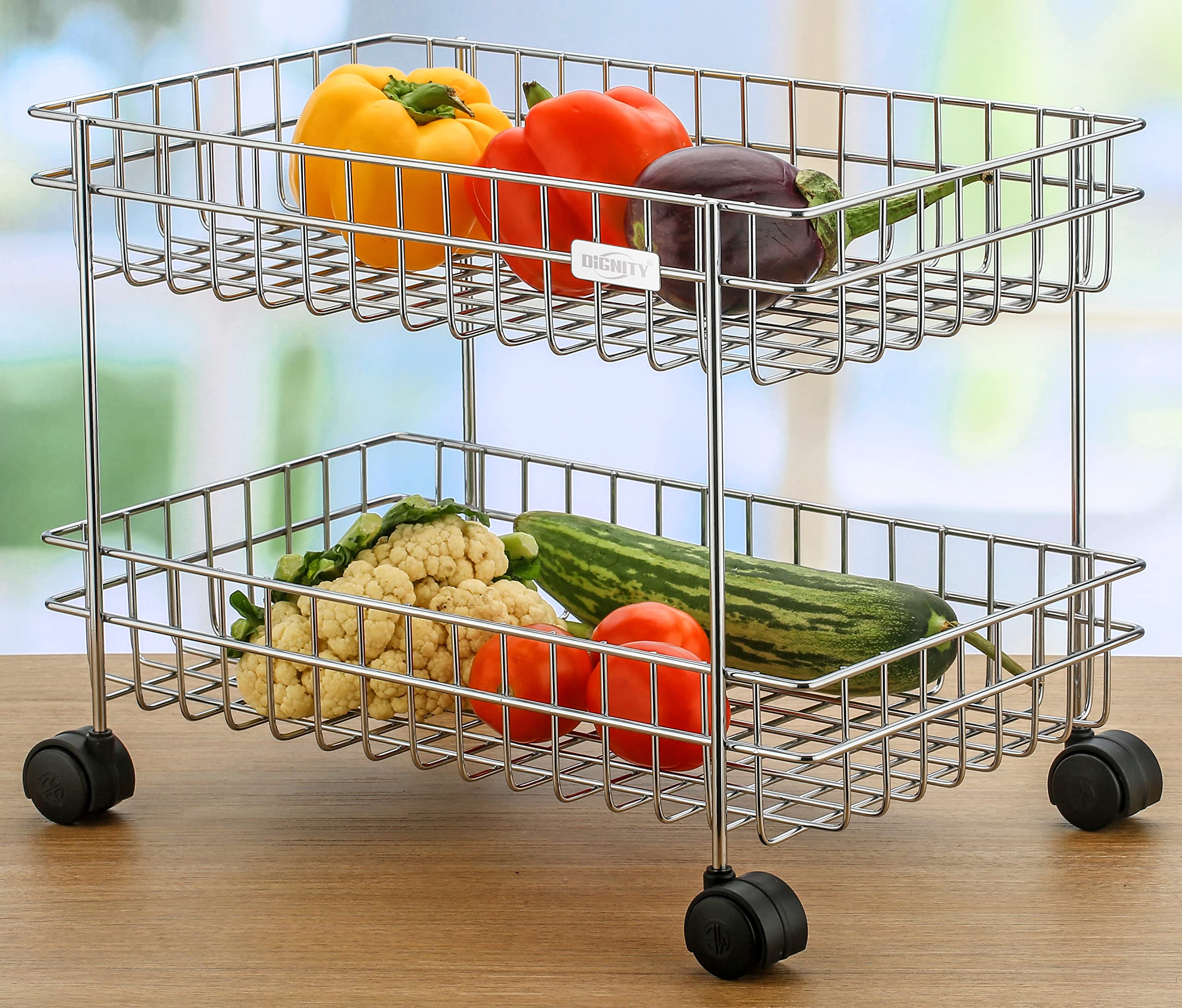 Kinglet Stainless Steel 2-Layer Kitchen Basket Rack | Multipurpose Fruit and Vegetable Storage Basket | Kitchen Utensils Organizer | Trolley with Rolling casters Steel Kitchen Trolley (Pre-Assembled)-image-11