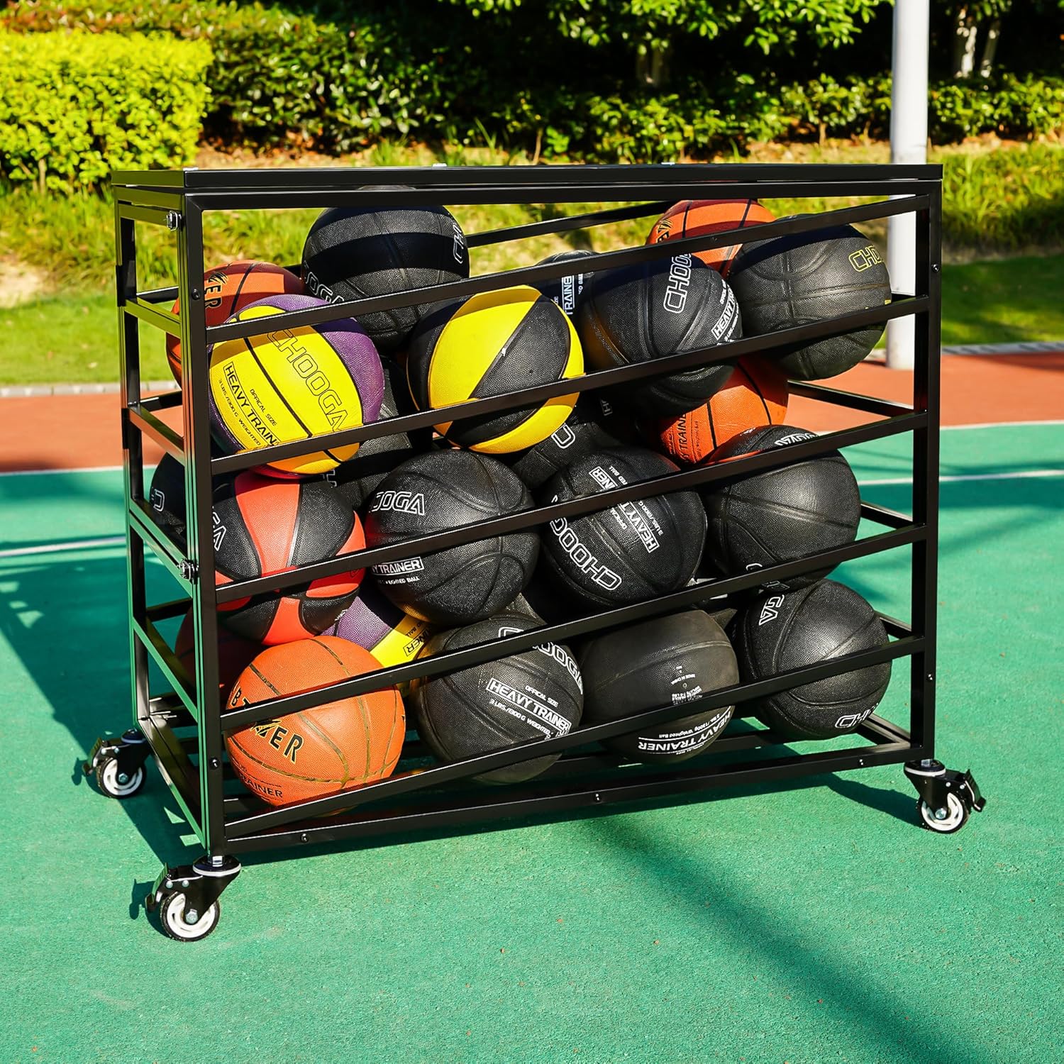 Ball Cart Storage with Lockable Wheels & Side Door, Basketball Storage Bin with Lid for Indoor Outdoor, Sports Equipment Exercise Ball Organizer, Ball Holder for Gym, School, Club