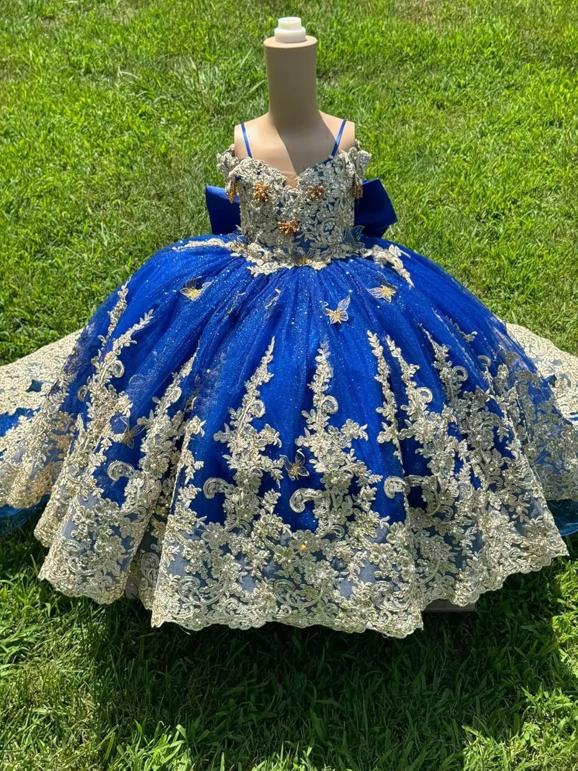 Gold Lace Flower Girl Dresses Spaghetti Strap First Communion Dress 3D Butterfly Girls Pageant Dress with Bow