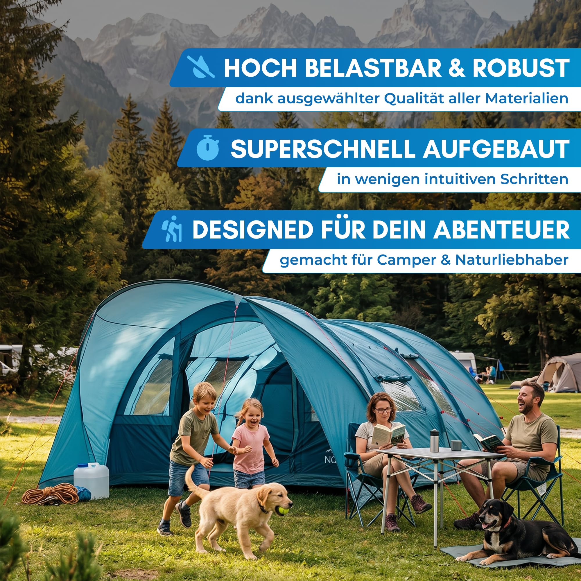 NORDMUT® Tunnelzelt 4 oder 6 Personen windfest inkl. Vordach & Boden – stabiles Familienzelt mit Stehhöhe – Campingzelt wasserdicht mit hervorragender Luftzirkulation