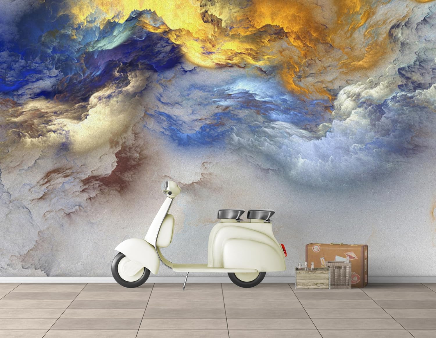 Luxury Gold Blue Cloud Peel and Stick Wall Mural, Abstract Nebula Self-Adhesive Wallpaper, Removable Modern Accent Decor for Home (Color34, 118" x 82")
