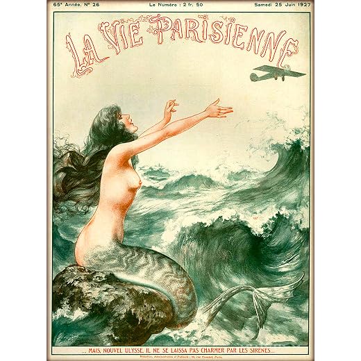 1927 La Vie Parisienne The Mermaid and the Airplane French Nouveau from a Magazine France Travel Advertisement Collectible Wall Decor Picture Art Poster Print. Poster measures 10 x 13.5 inches