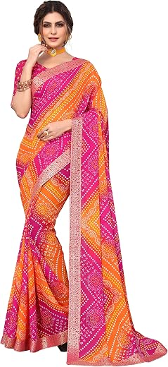 Yashika Womens Yashika Women's Georgette Printed Saree With Blouse Piece (REMY RED)