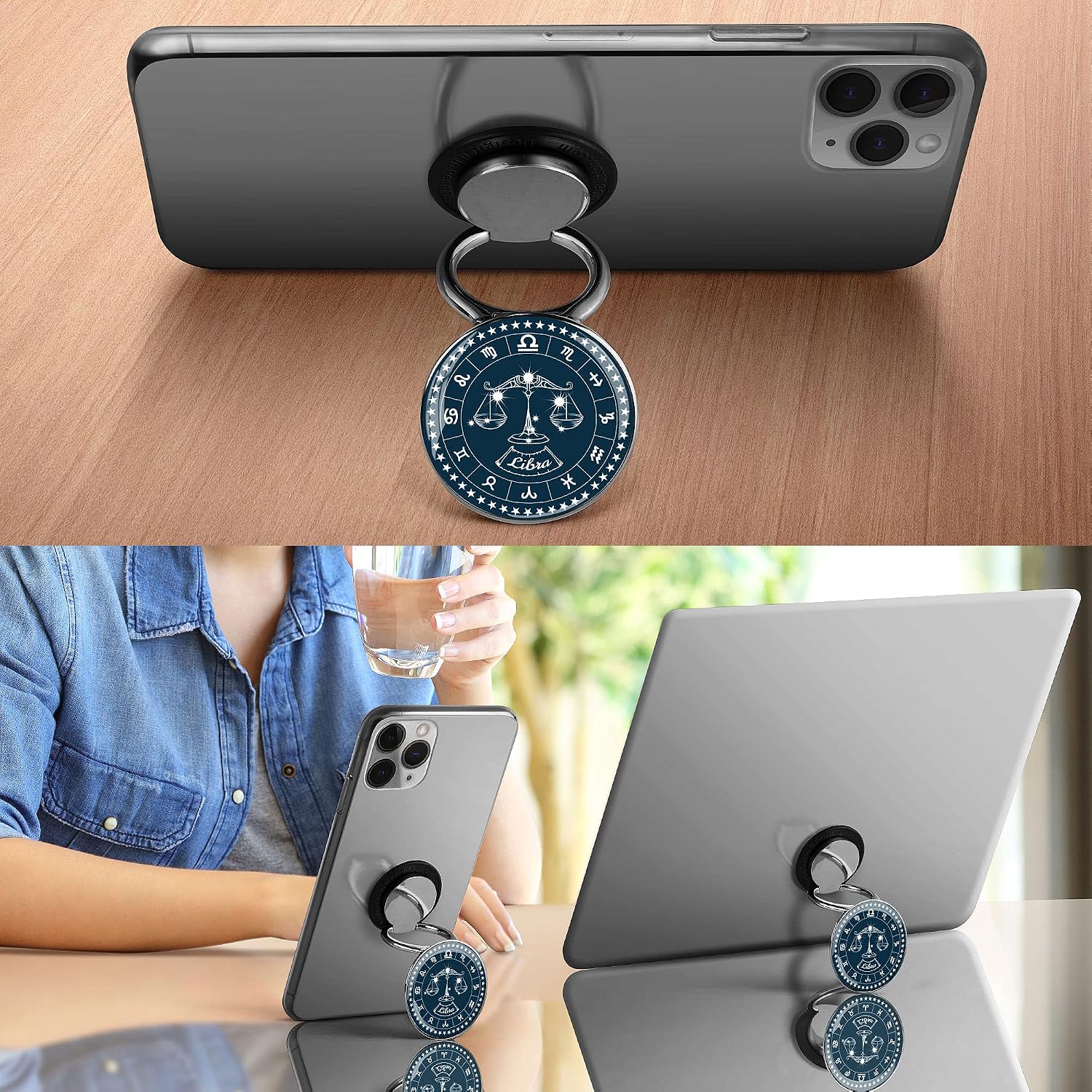Cell Phone Ring Holder with 3D Crystal Photo,Libra Finger Ring Cover Decor, Zodiac Gifts for Women,Adjustable Stand for iPhone X Xr 11 12 Pro Max Case,Grip Back of Phone for Hand(OOBUTTON USA,Black)