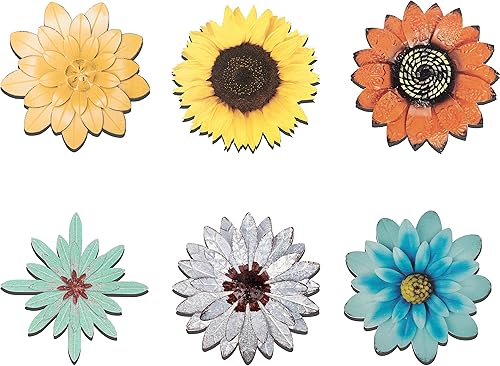 WATINC 6 piezas de madera para colgar en la pared flores de girasol margarita naranja amarillo azul múltiples capas flores verano escultura de pared