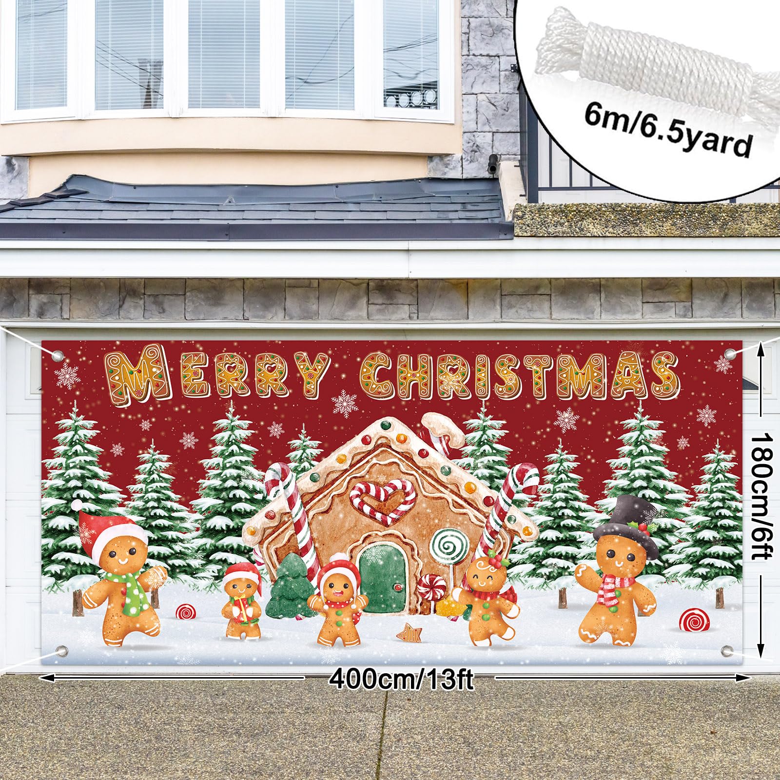JarThenaAMCS Cartel de puerta de garaje con texto en inglés "Merry Christmas", para árbol de Navidad, hombre de jengibre, 6 x 13 pies, letrero grande nevado para patio interior y exterior, fiesta en