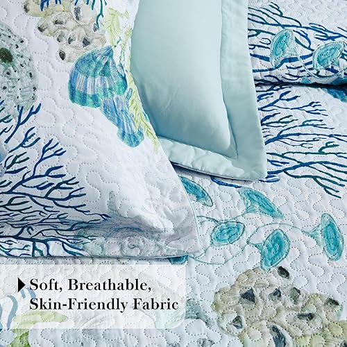 Miniatura 5 de Juego de edredón de 3 piezas con temática de playa costera, tamaño King, juego de ropa de cama con temática de playa oceánica, colcha ligera de